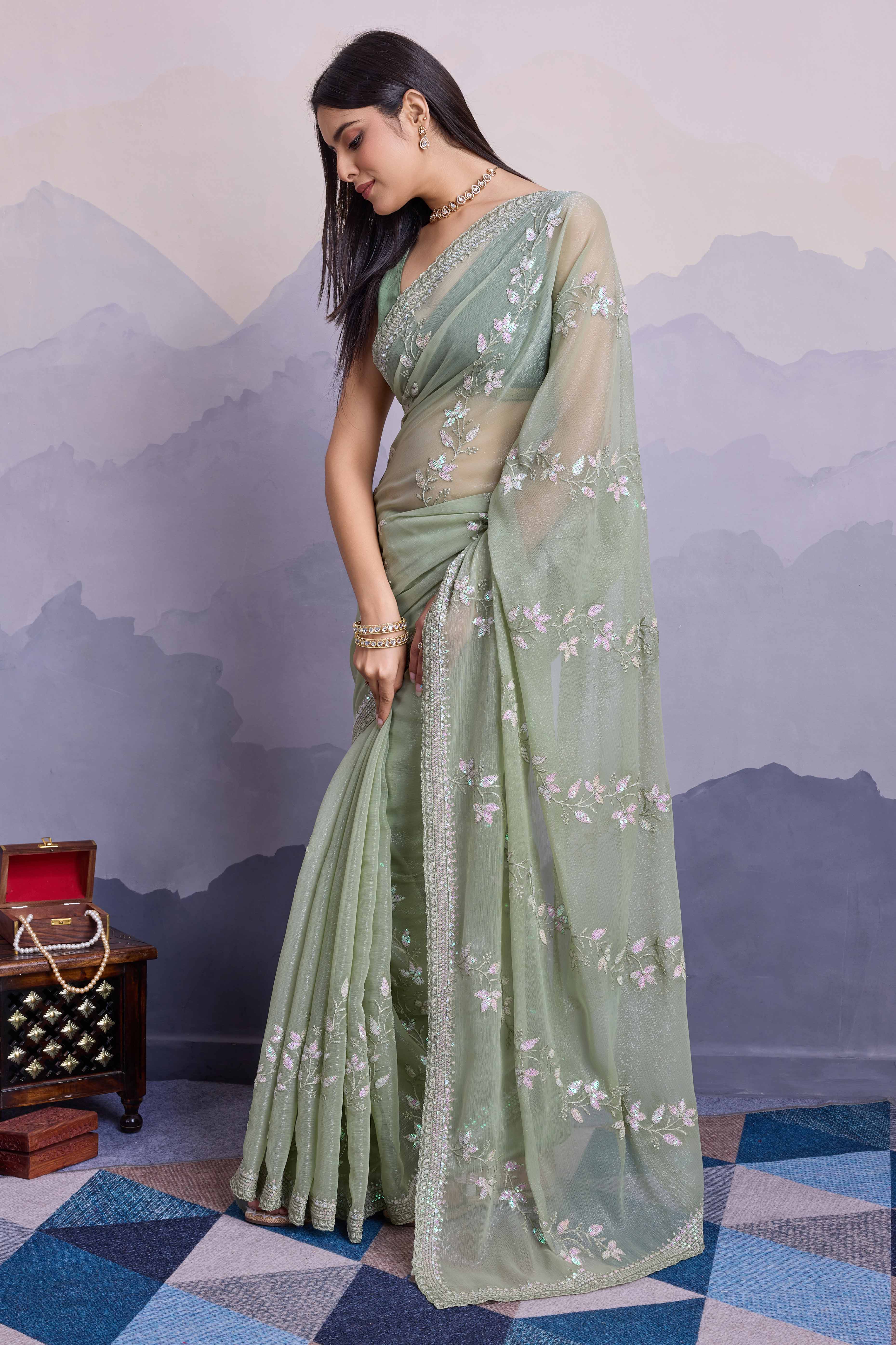 Green Floral Sequins Embroidered Chiffon Saree