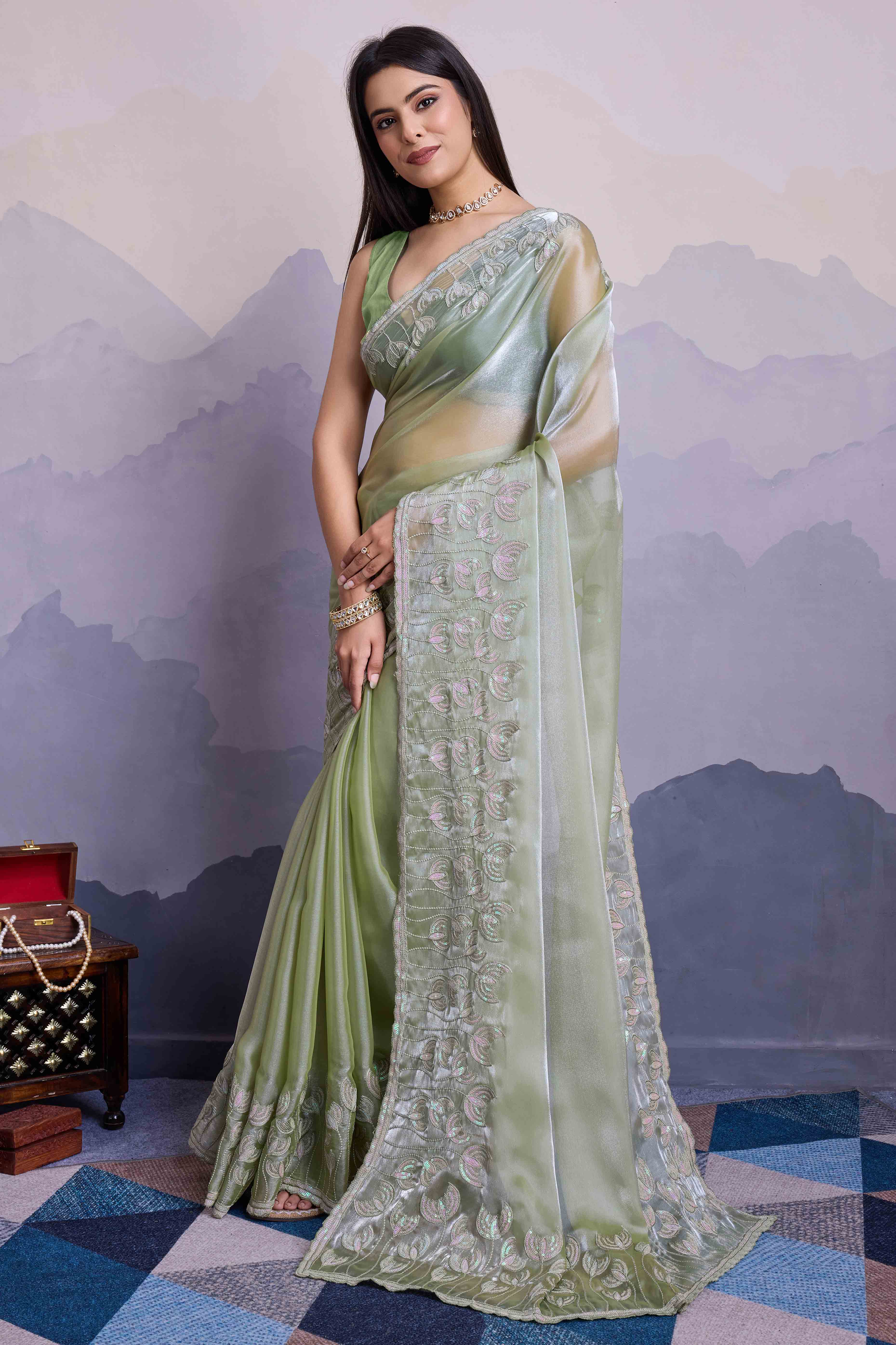 Green Floral Sequins Embroidered Jimmi Choo Zoya Silk Saree