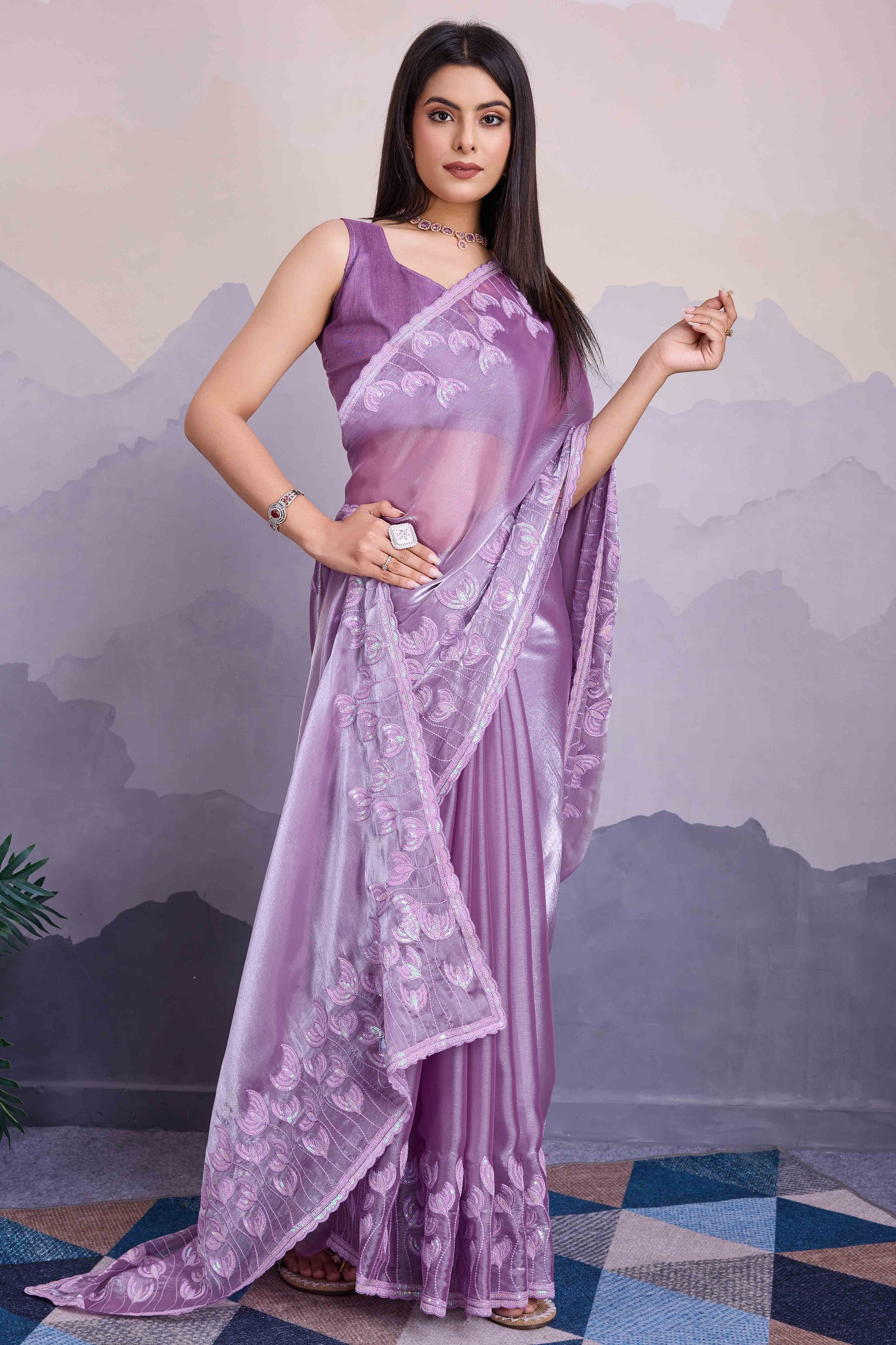 Lavender Floral Sequins Embroidered Jimmi Choo Zoya Silk Saree