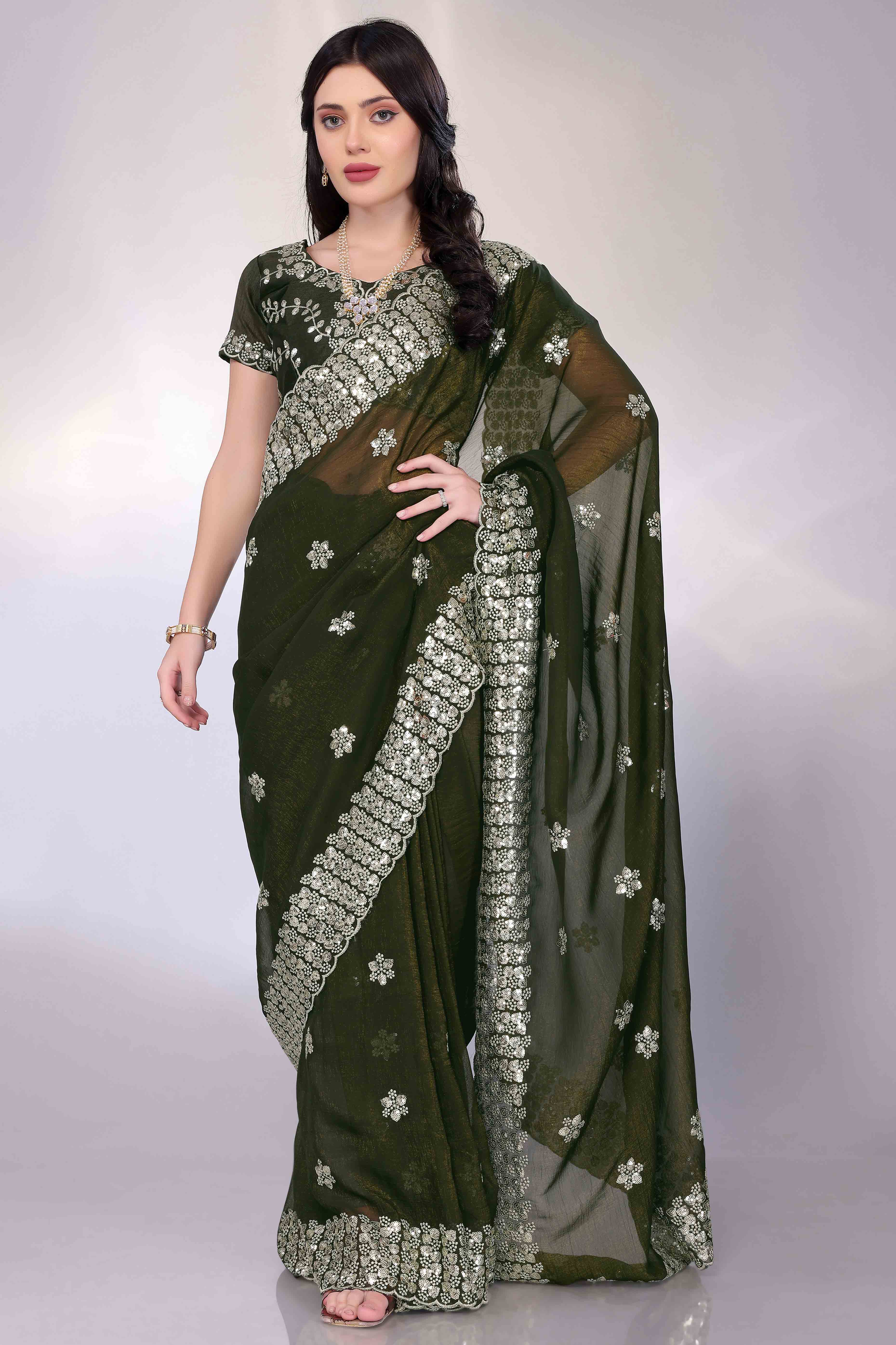 Green Crunchy Organza Silk Saree Adorned With Intricate Floral Sequins Embroidery