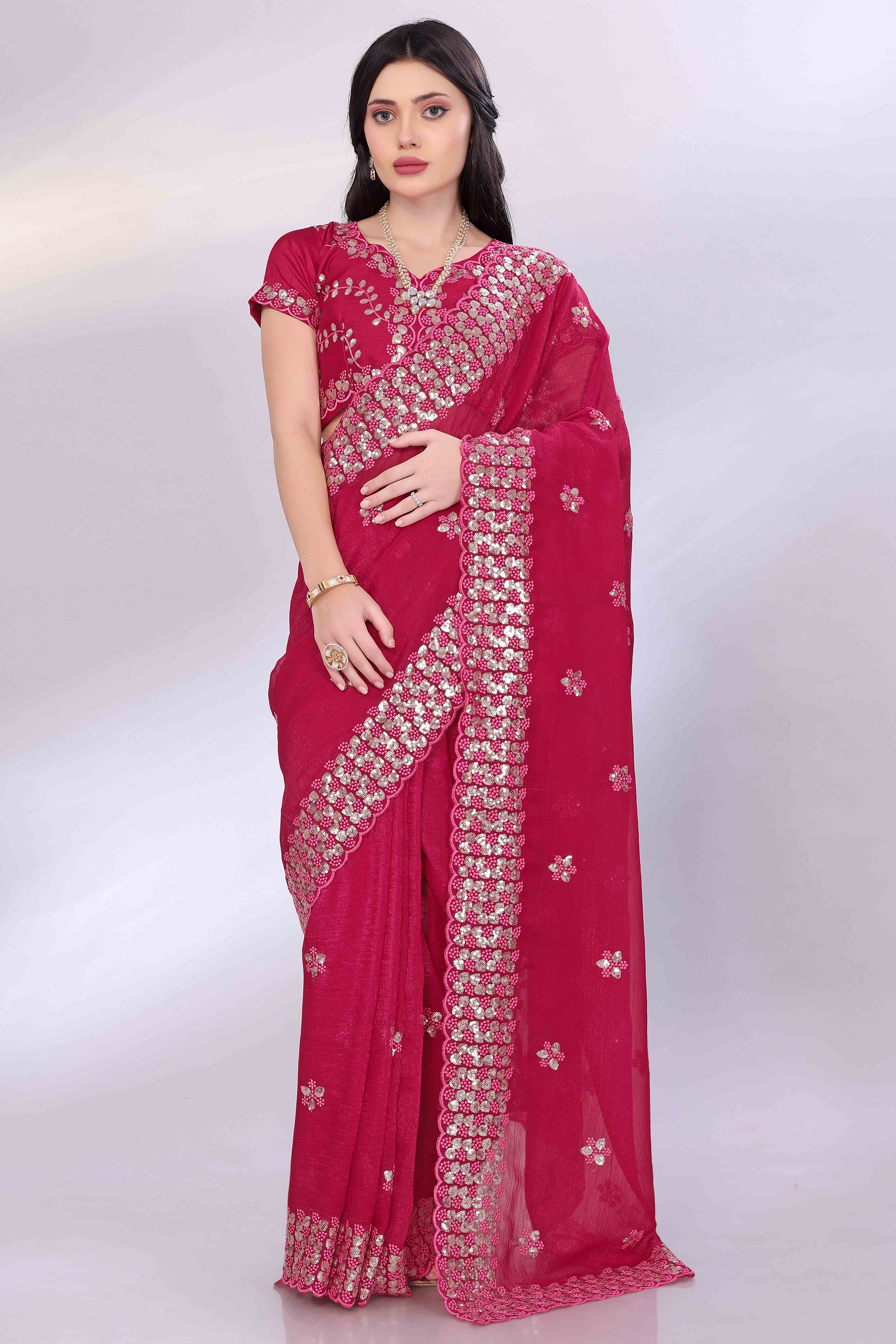 Rani Pink Crunchy Organza Silk Saree Adorned With Intricate Floral Sequins Embroidery