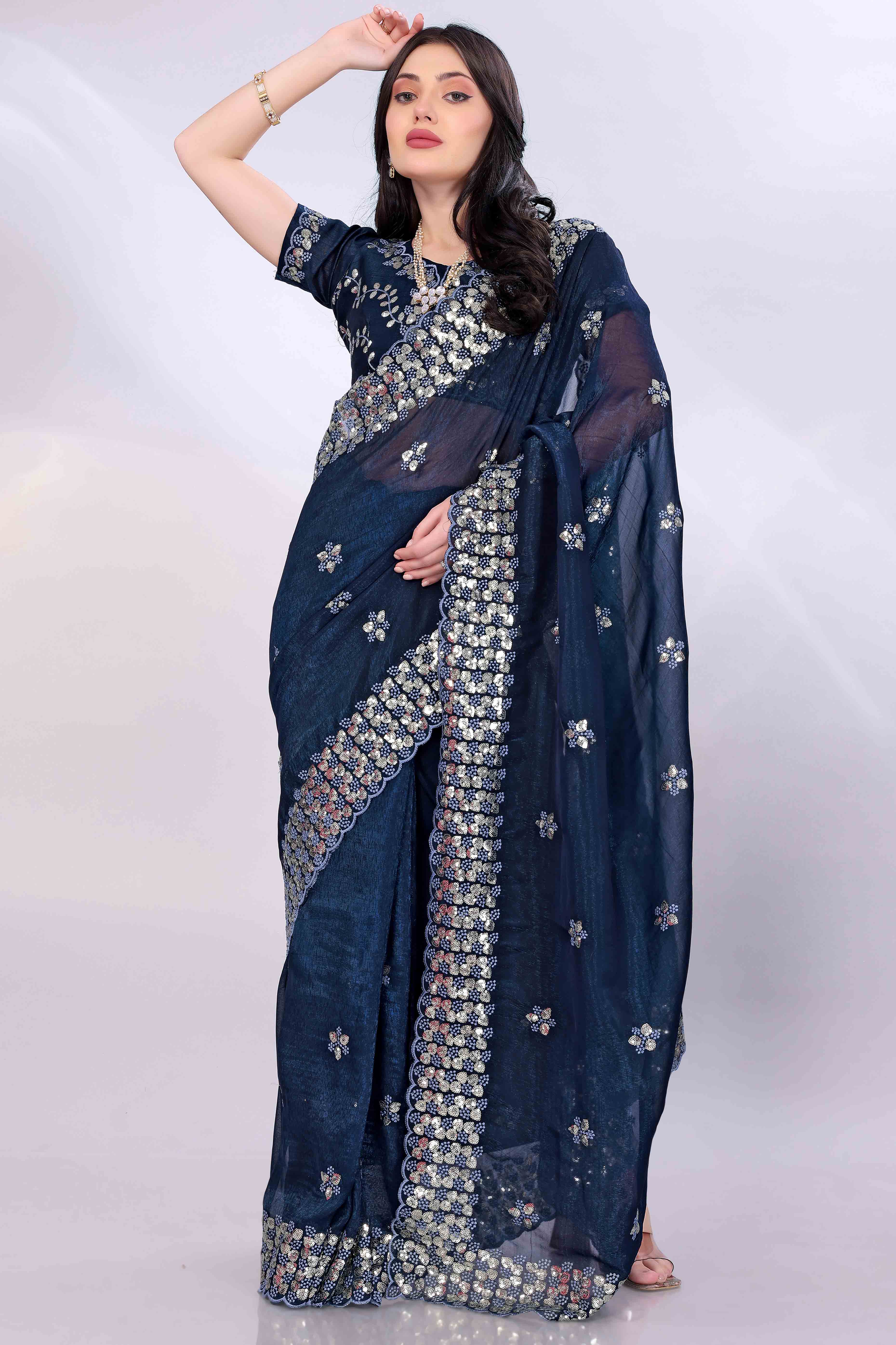Blue Crunchy Organza Silk Saree Adorned With Intricate Floral Sequins Embroidery
