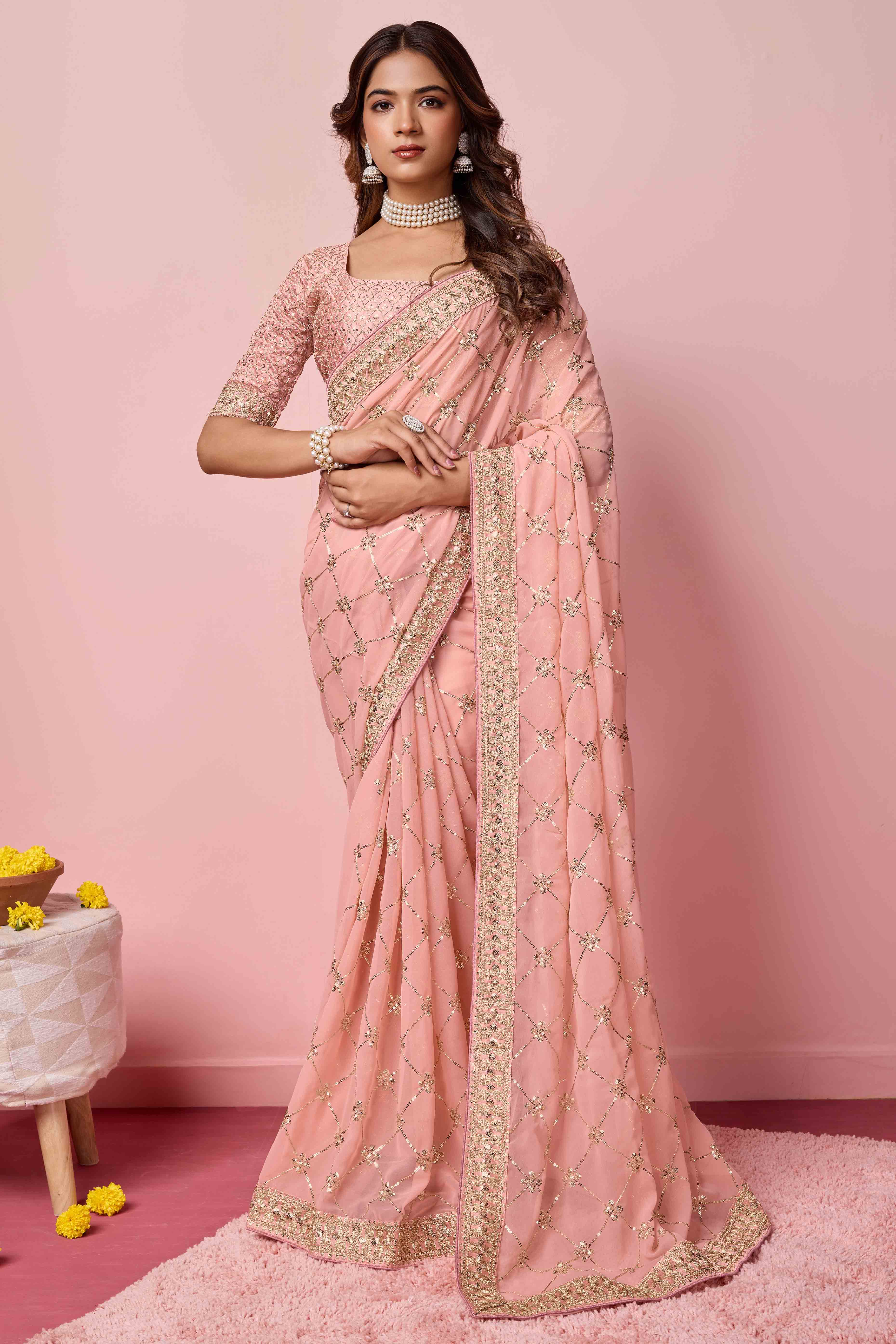Peach Sequins Embroidered Georgette Saree