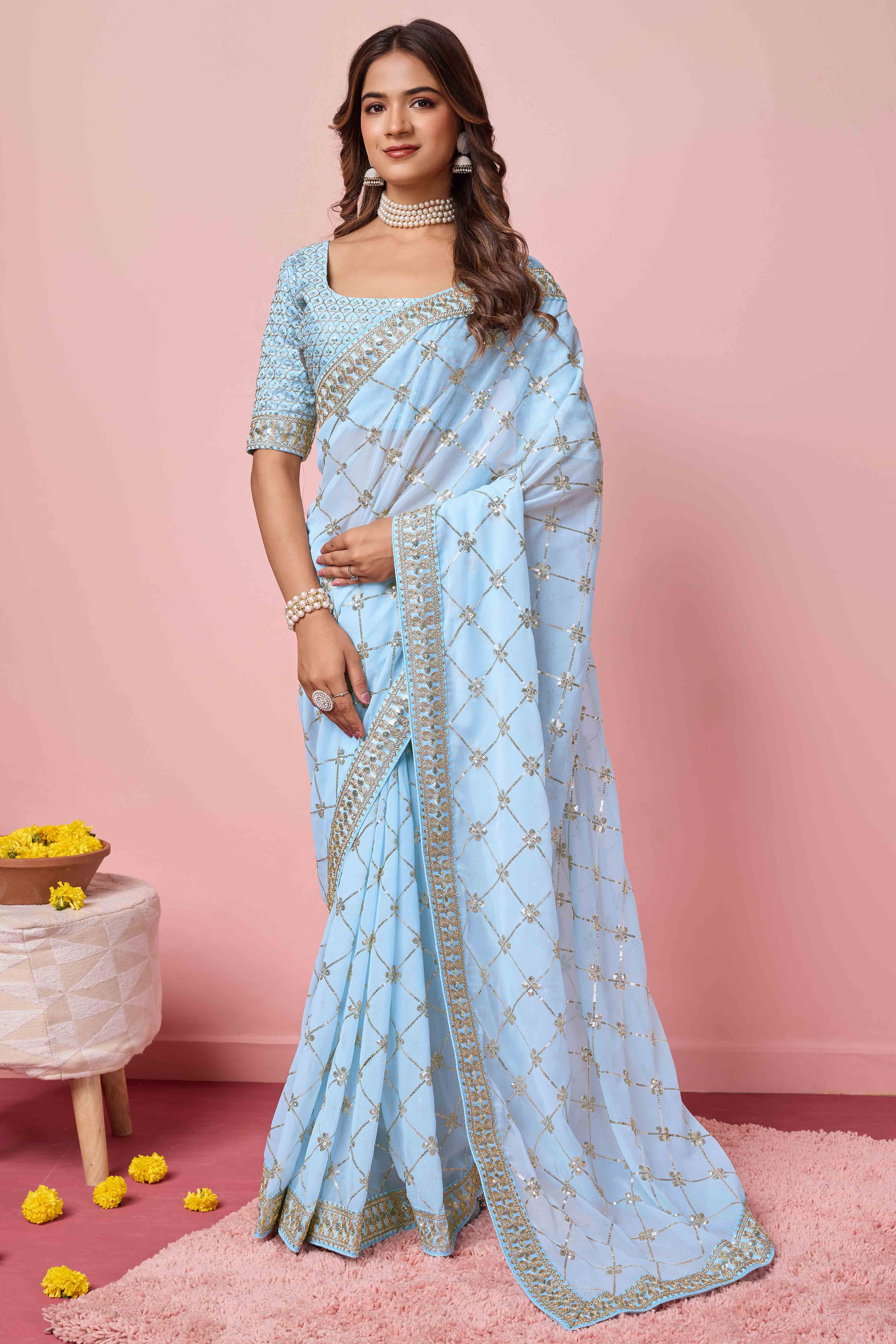 Blue Sequins Embroidered Georgette Saree