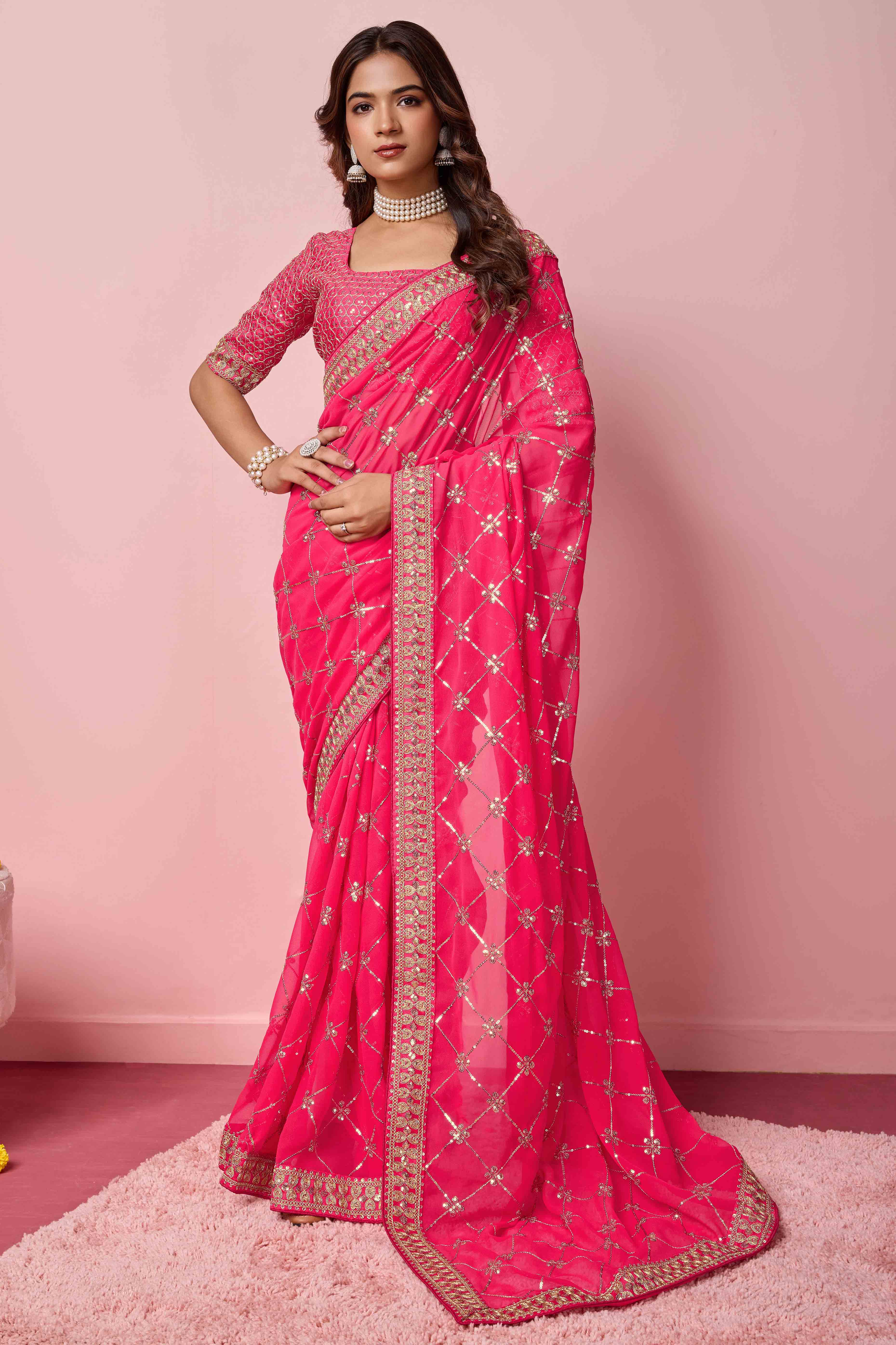Pink Sequins Embroidered Georgette Saree