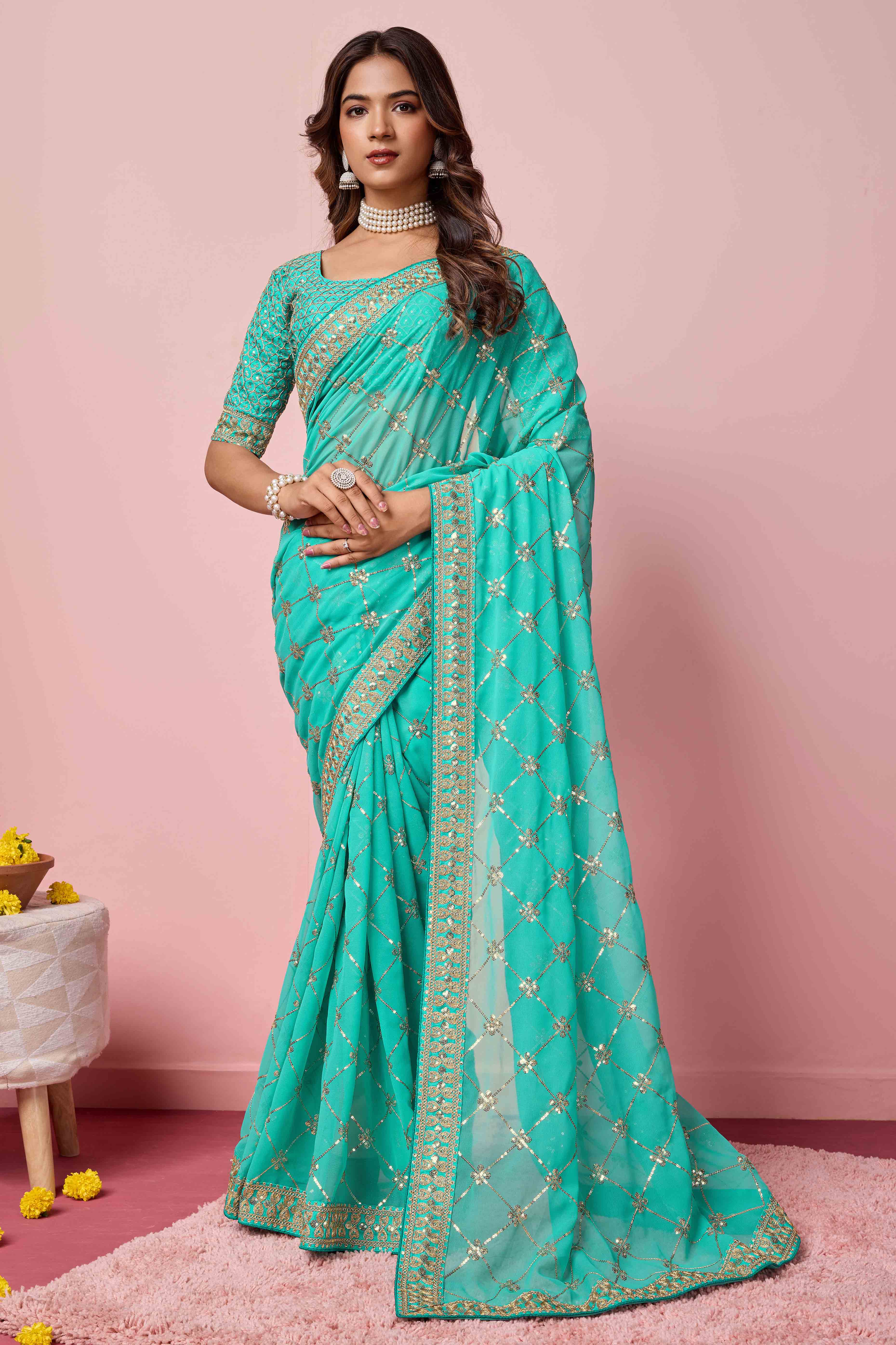 Turquoise Sequins Embroidered Georgette Saree