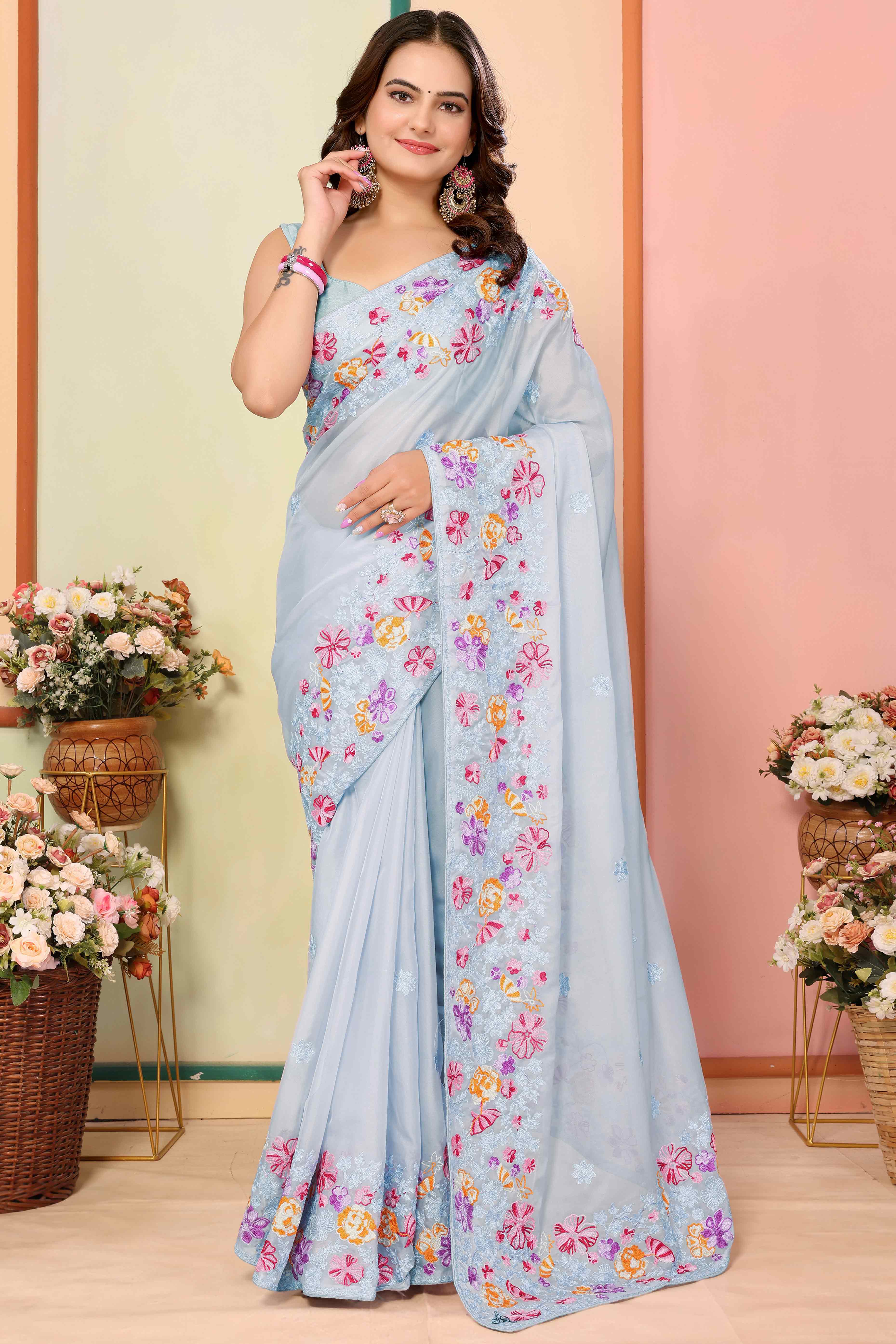 Blue Floral Embroidered Organza Saree