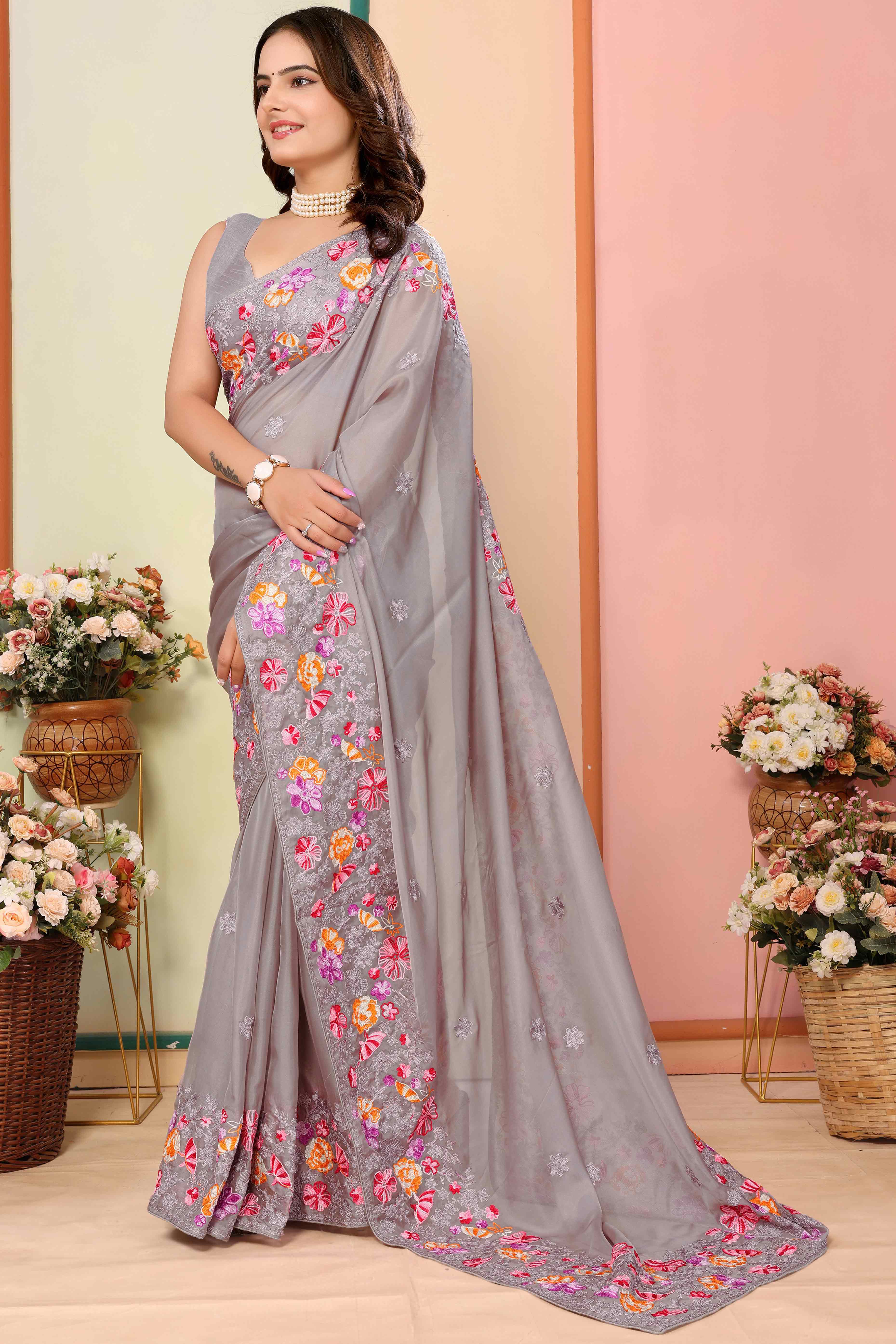 Grey Floral Embroidered Organza Saree