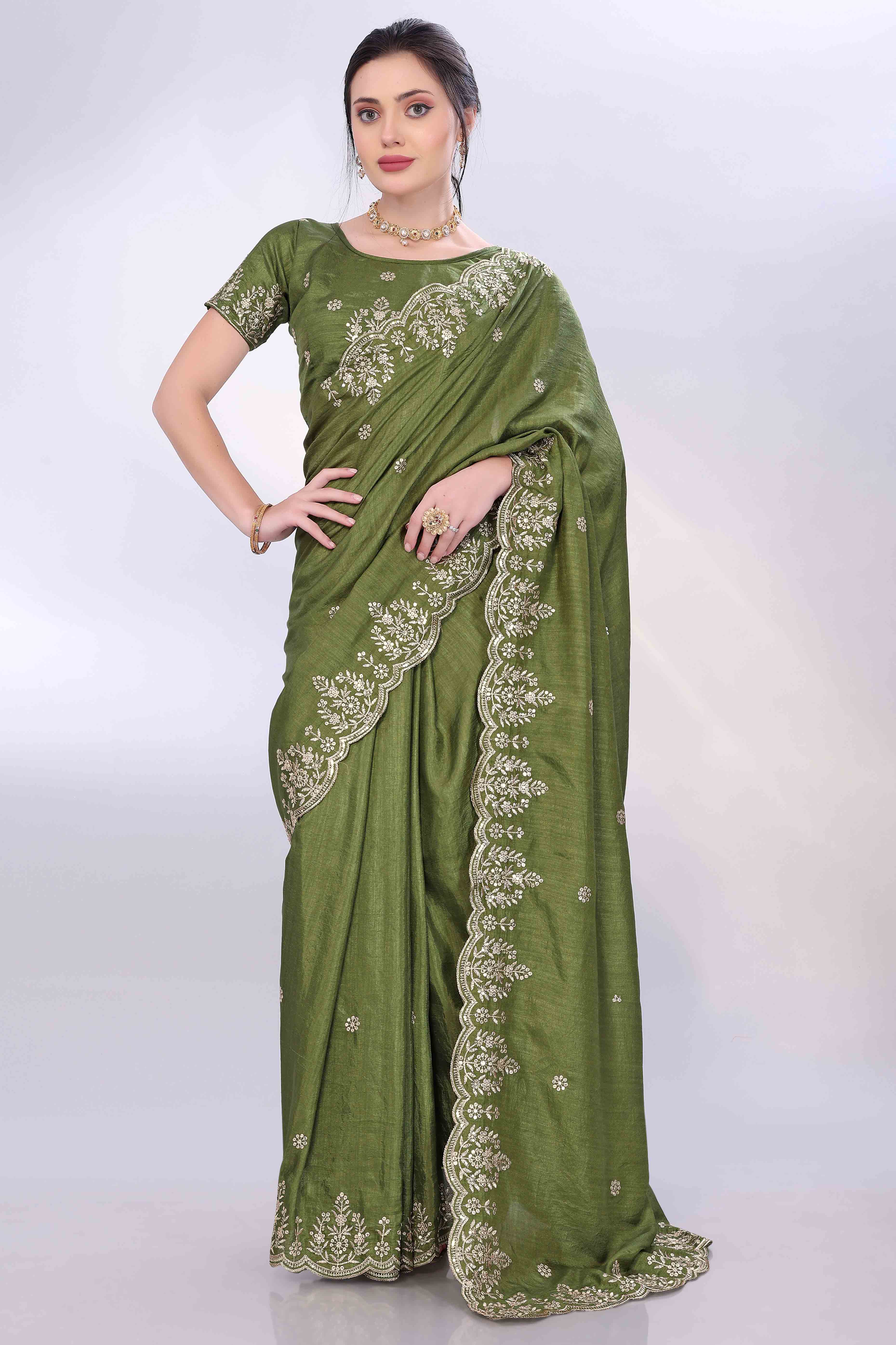 Green Zari Embroidered Saree In Vichitra Silk With Shimmering Floral Sequins Work