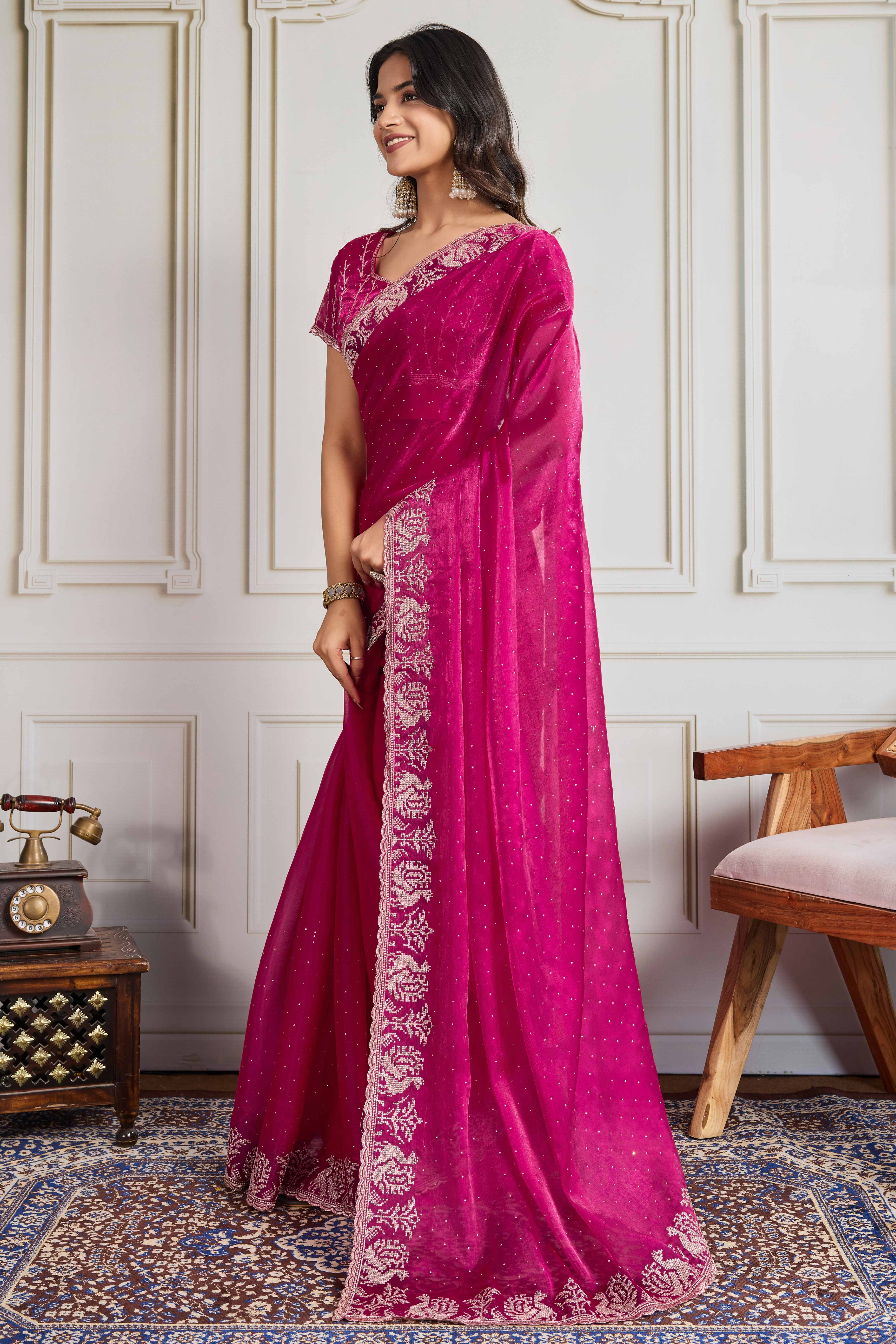 Pink Festive Wear Silk Blend Saree with Embroidery & Stones