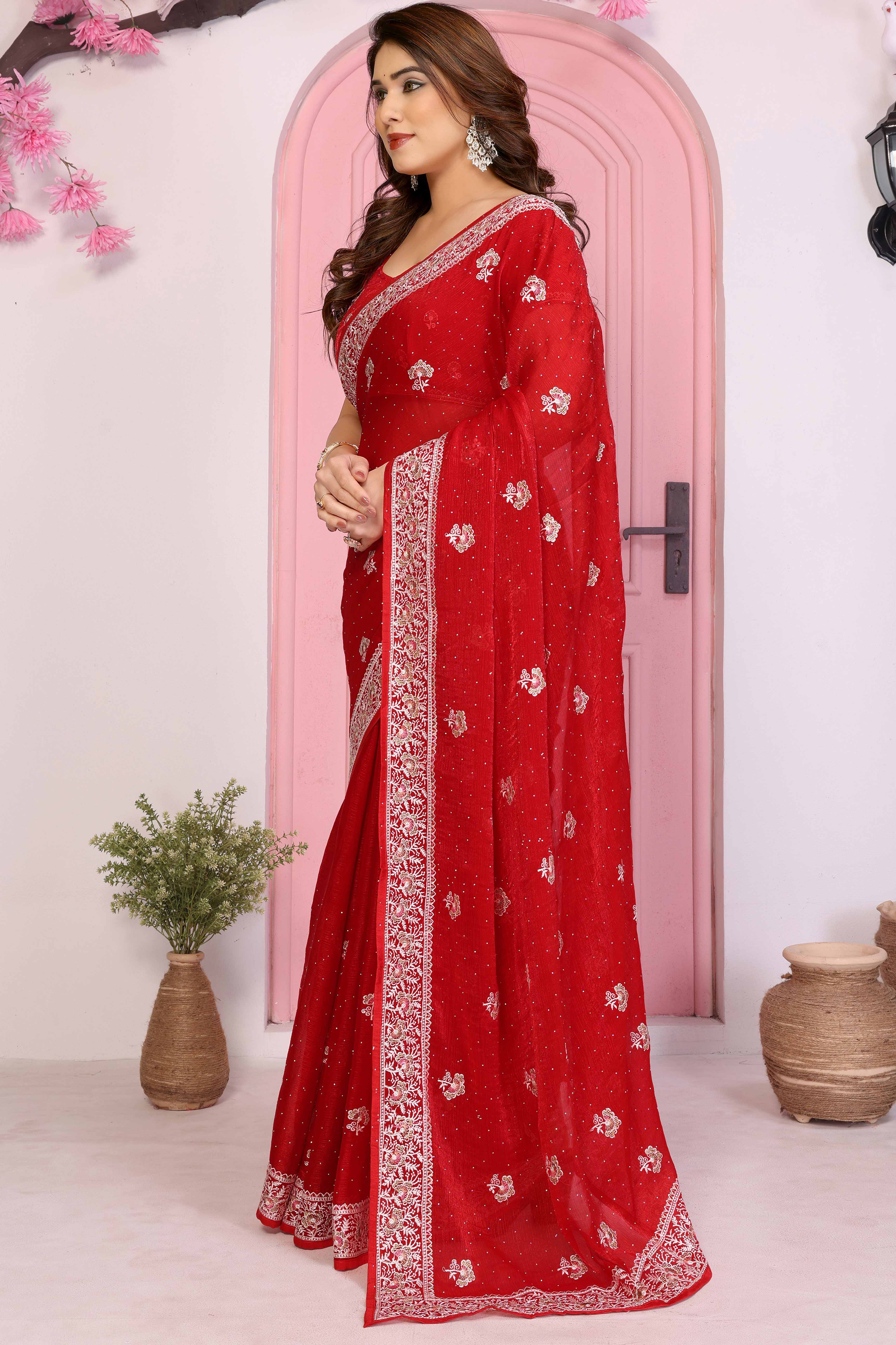 Red Chiffon Saree with Intricate Embroidery and Floral Patterns