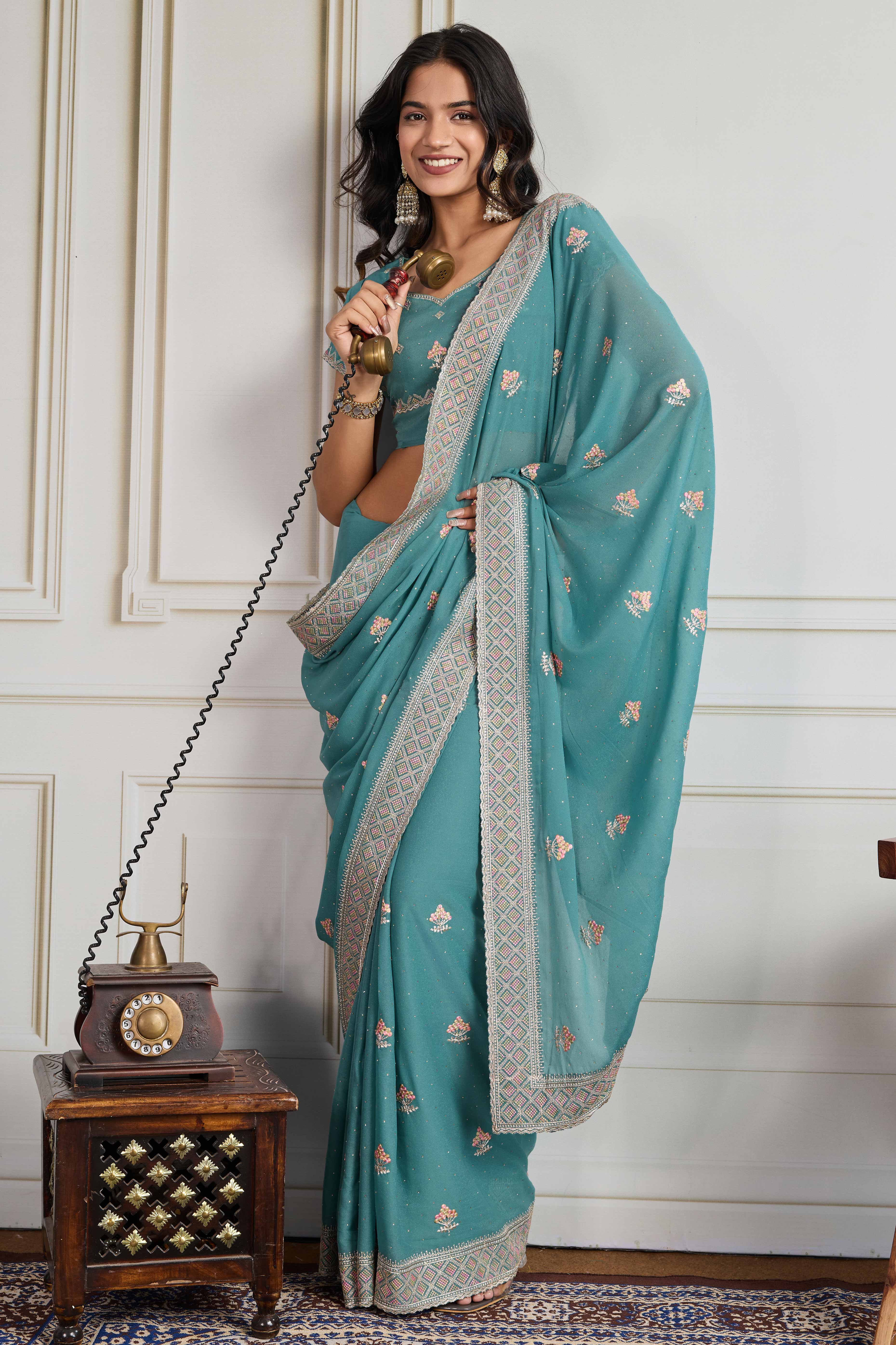 Teal Georgette Saree Featuring Embroidered and Stone Work