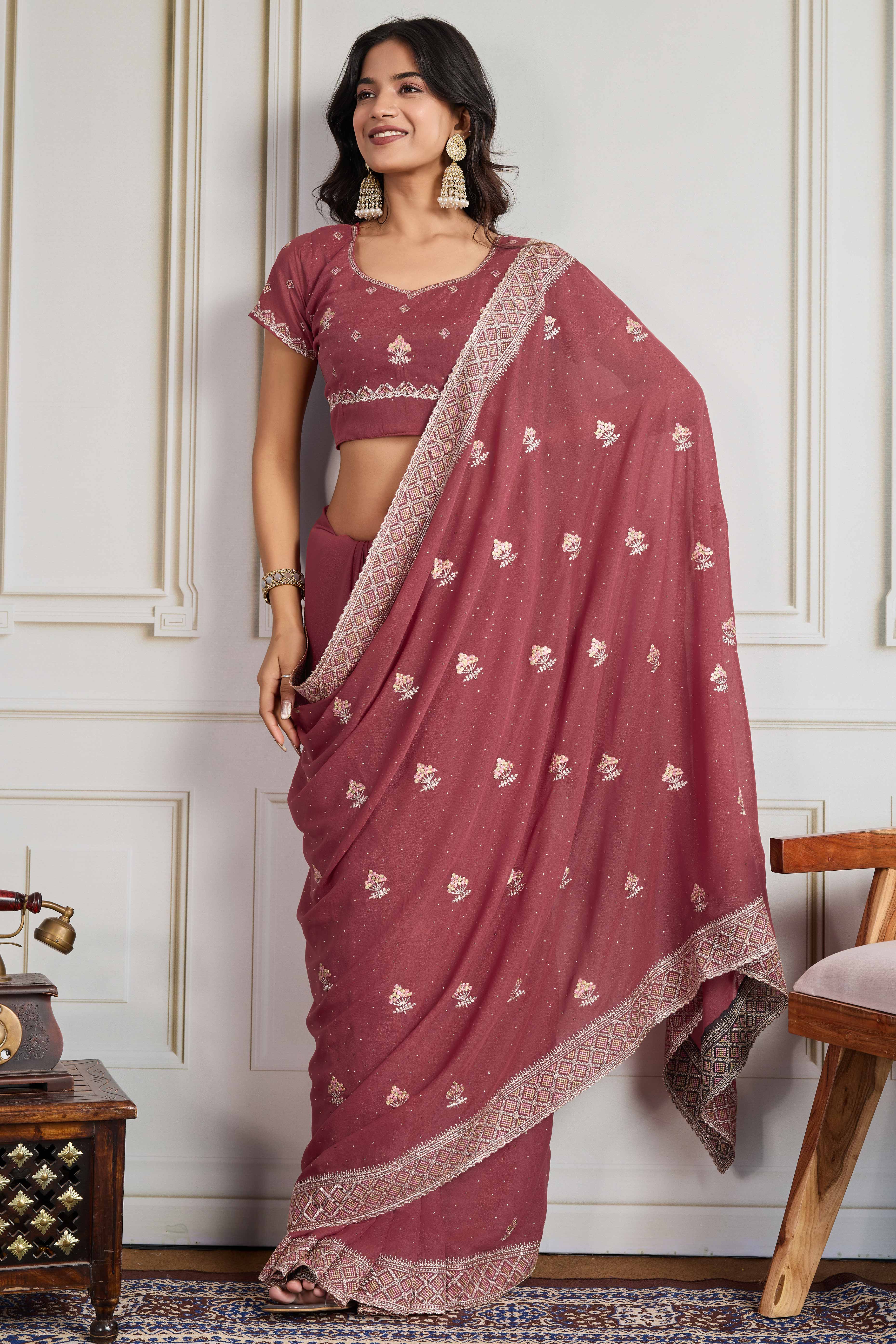 Mauve Georgette Saree Featuring Embroidered and Stone Work