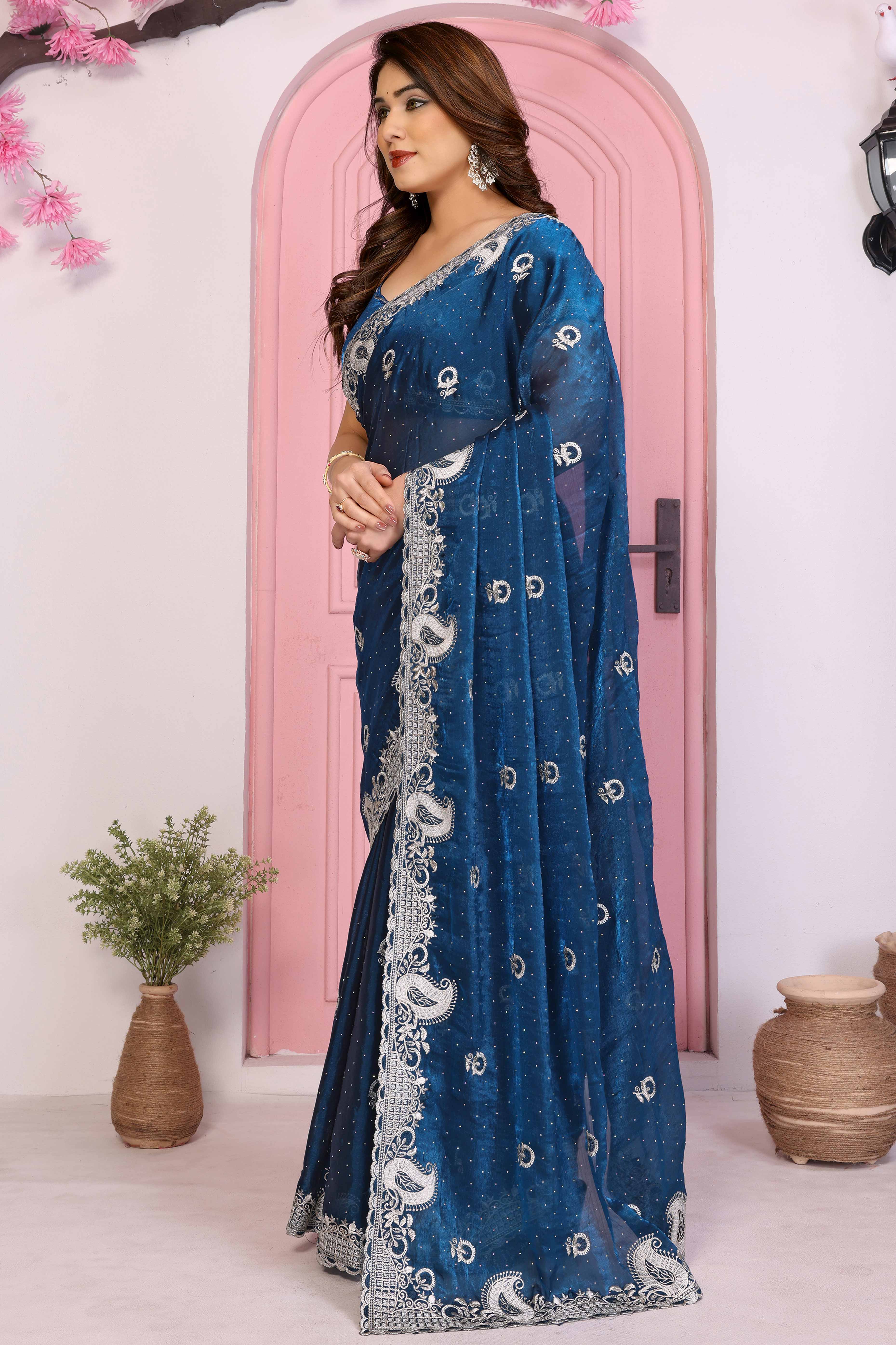 Blue Chiffon Saree Featuring Floral Thread Embroidery With Stone Embellishments