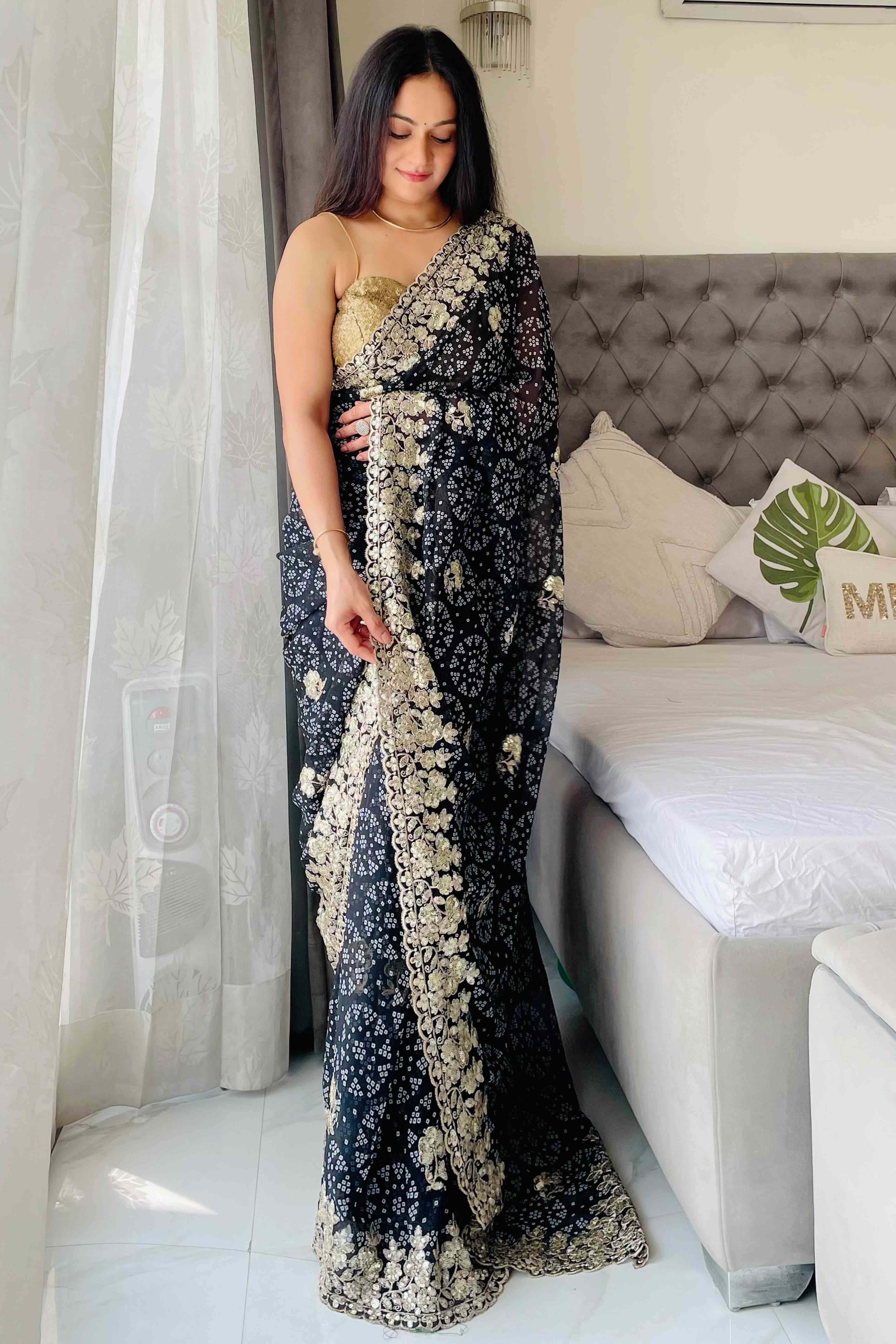 Dark Blue Bandhani Printed Georgette Saree With Dazzling Floral Sequin Embroidery