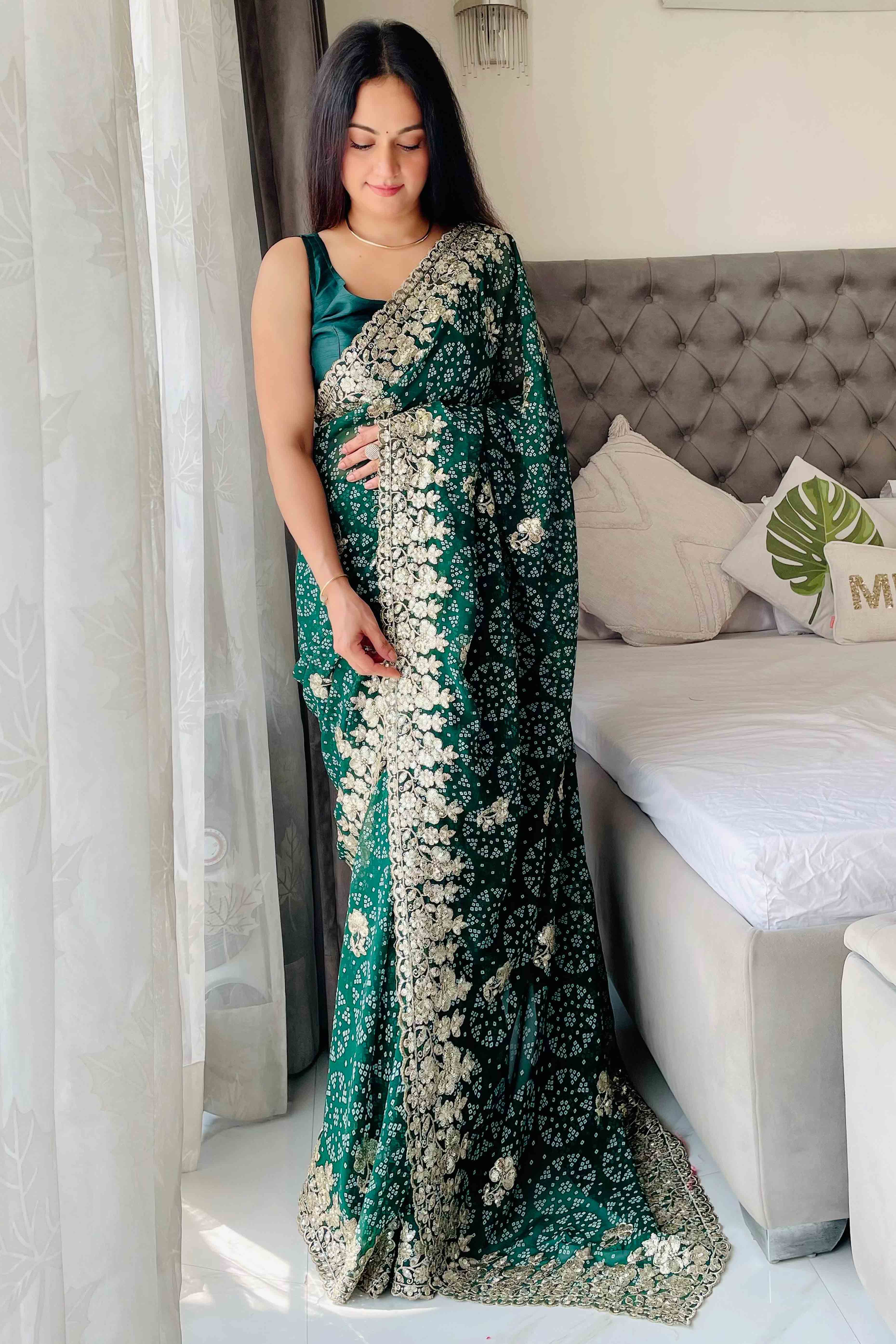 Green Bandhani Printed Georgette Saree With Dazzling Floral Sequin Embroidery