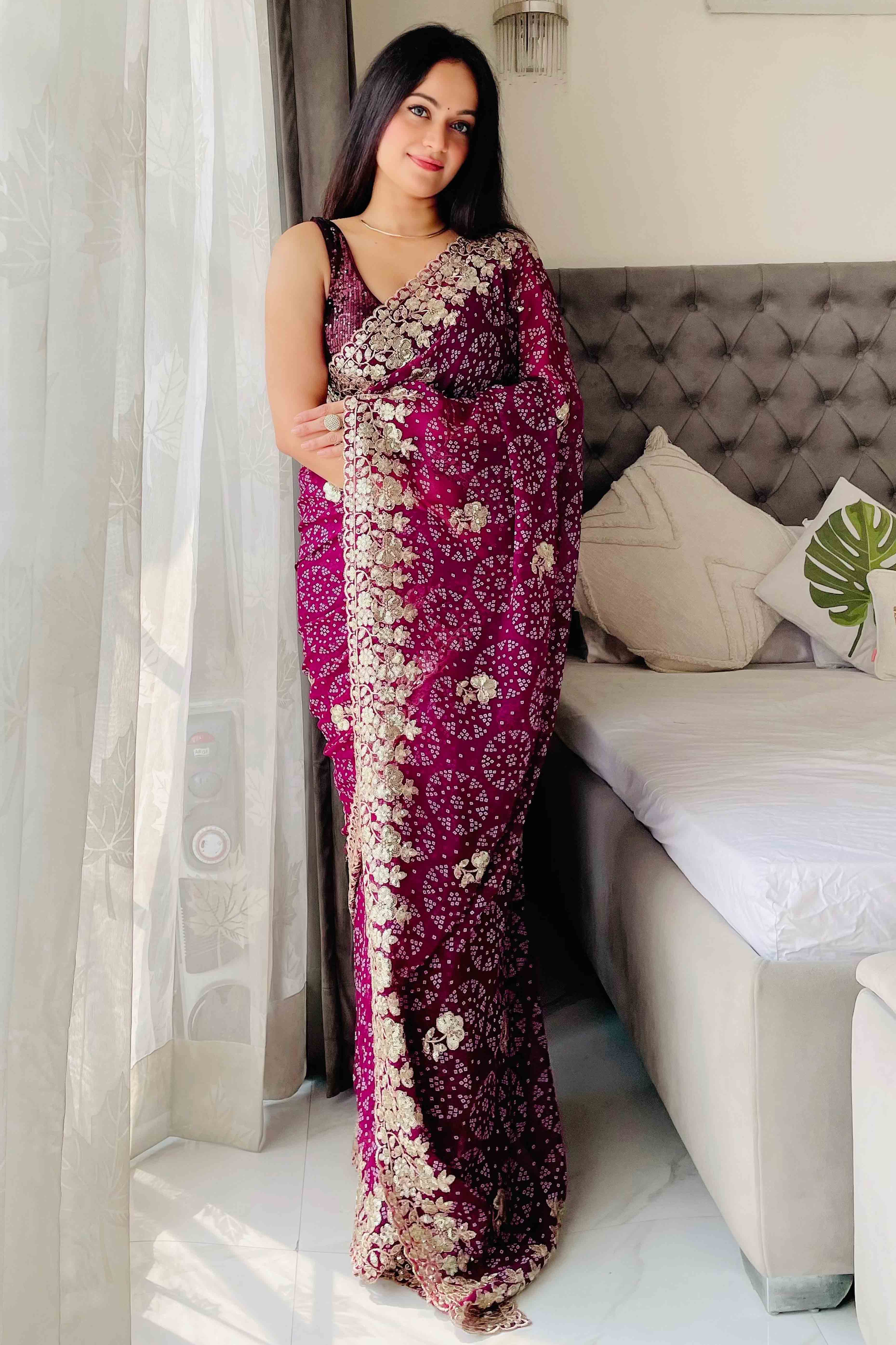 Deep Magenta Bandhani Printed Georgette Saree With Dazzling Floral Sequin Embroidery