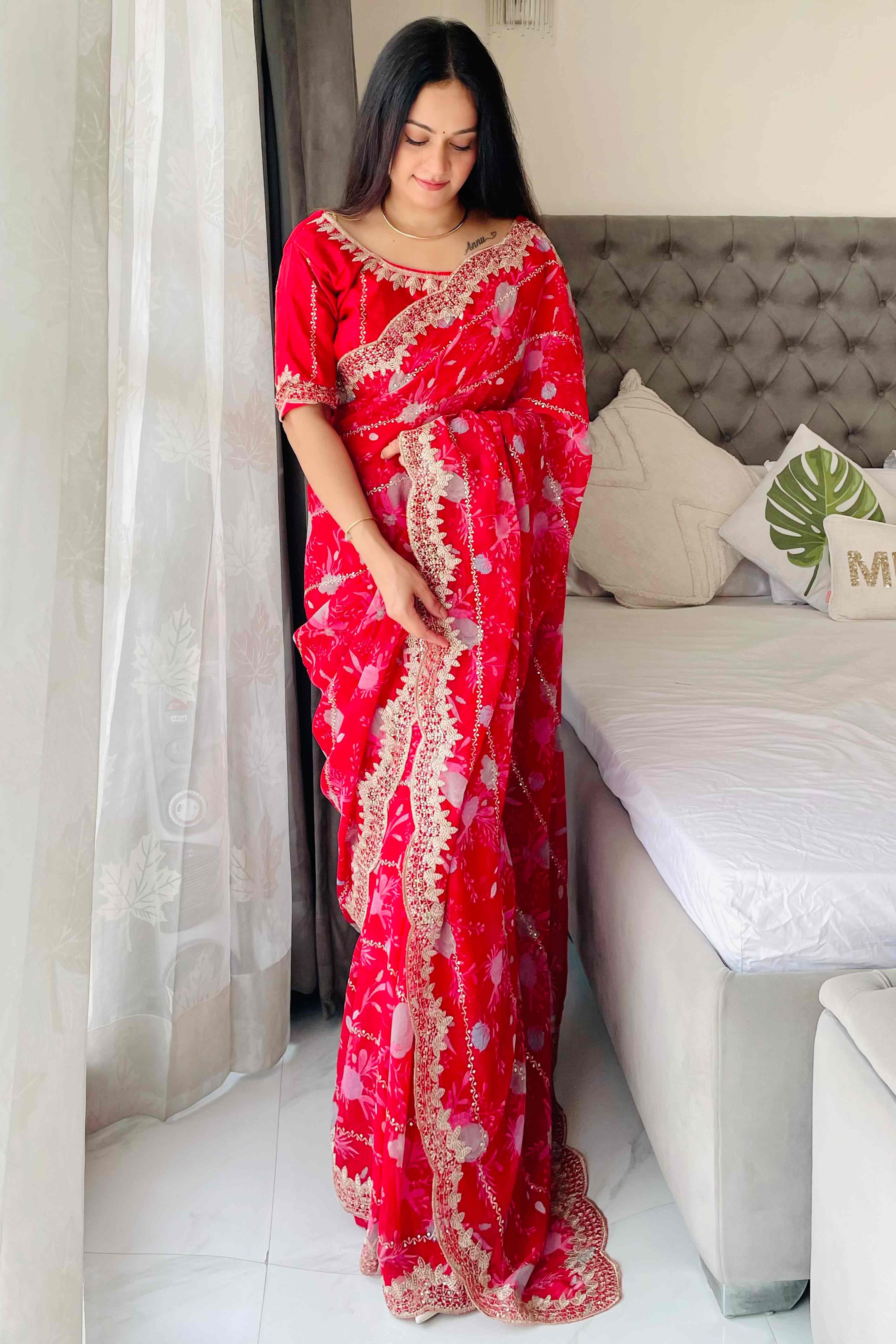 Rani Pink Floral Zari Embroidered Georgette Saree With Sparkling Sequin Embellishments