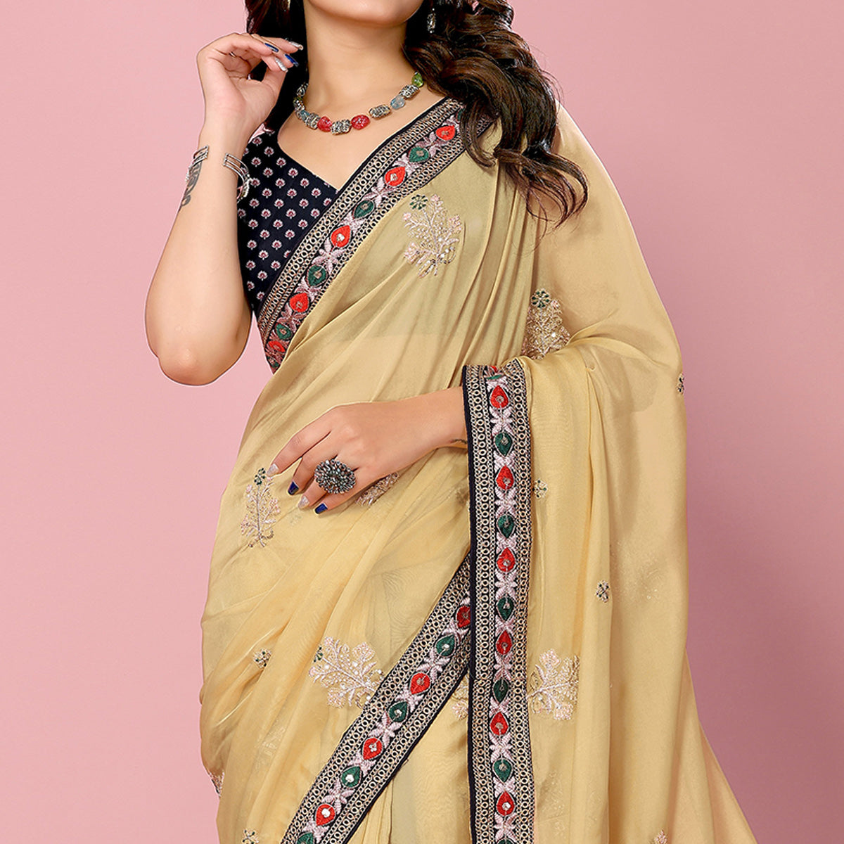 Yellow Floral Sequins Embroidered Organza Saree