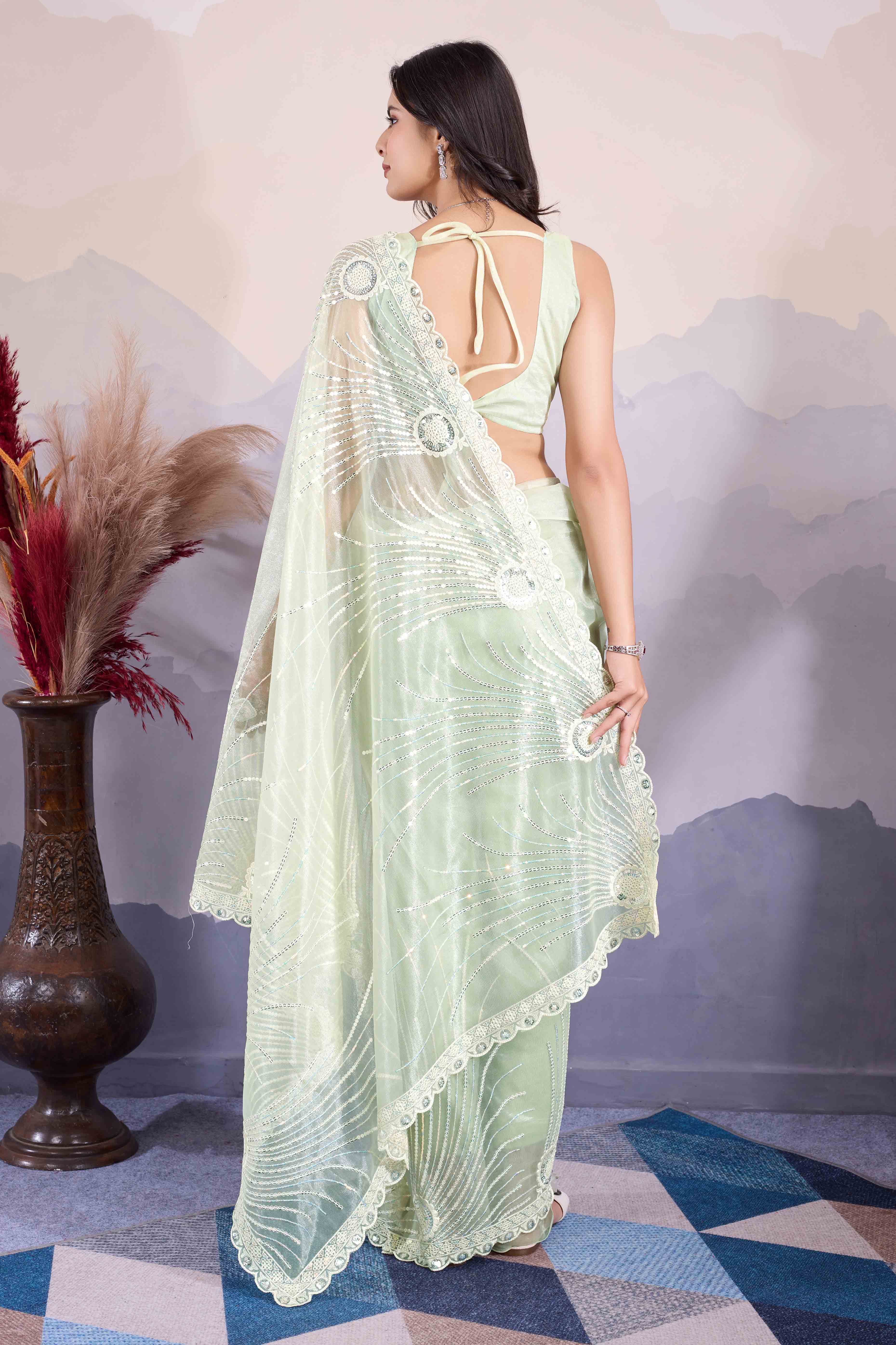 Green Sequins Embroidered Twill Net Saree