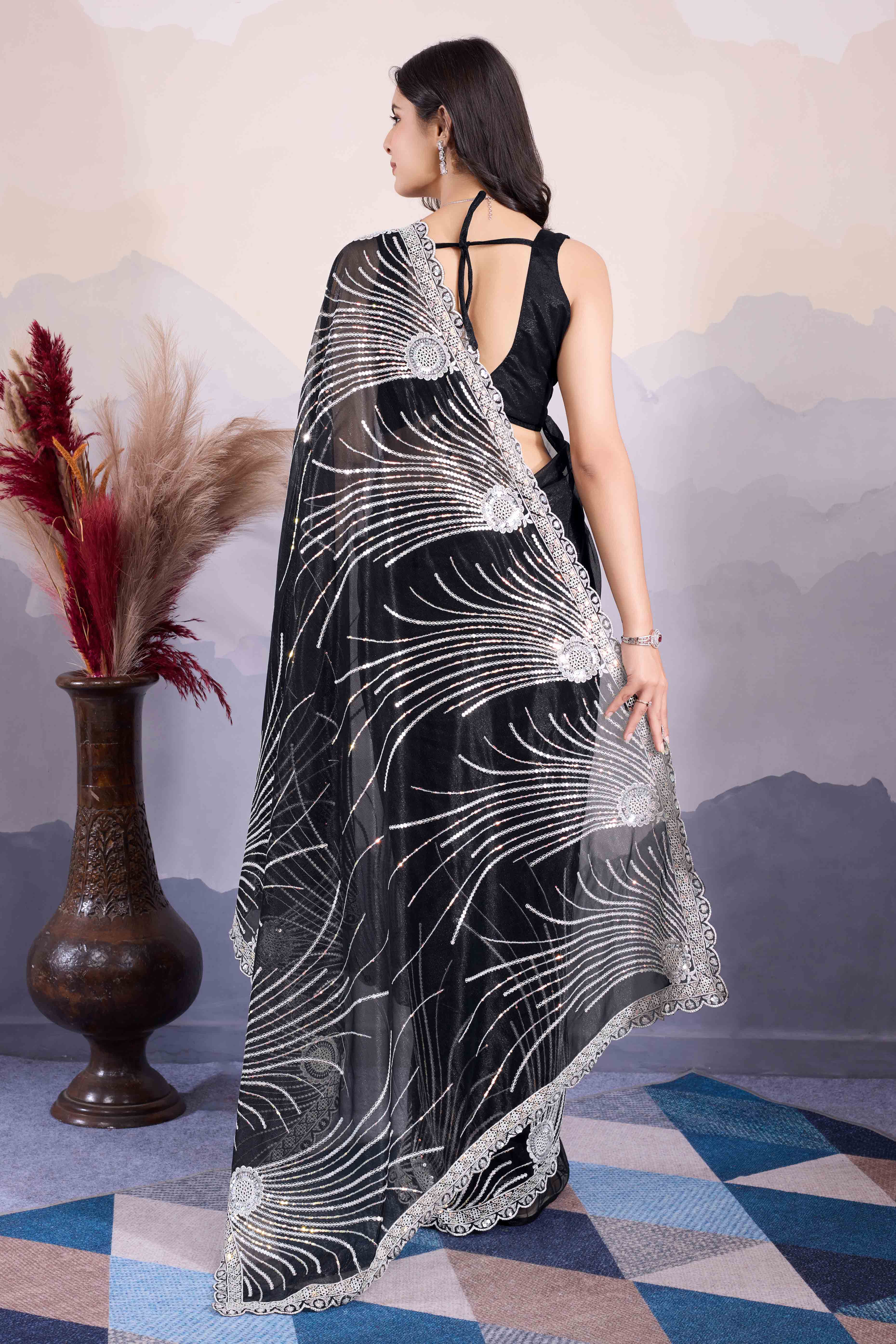 Black Sequins Embroidered Twill Net Saree