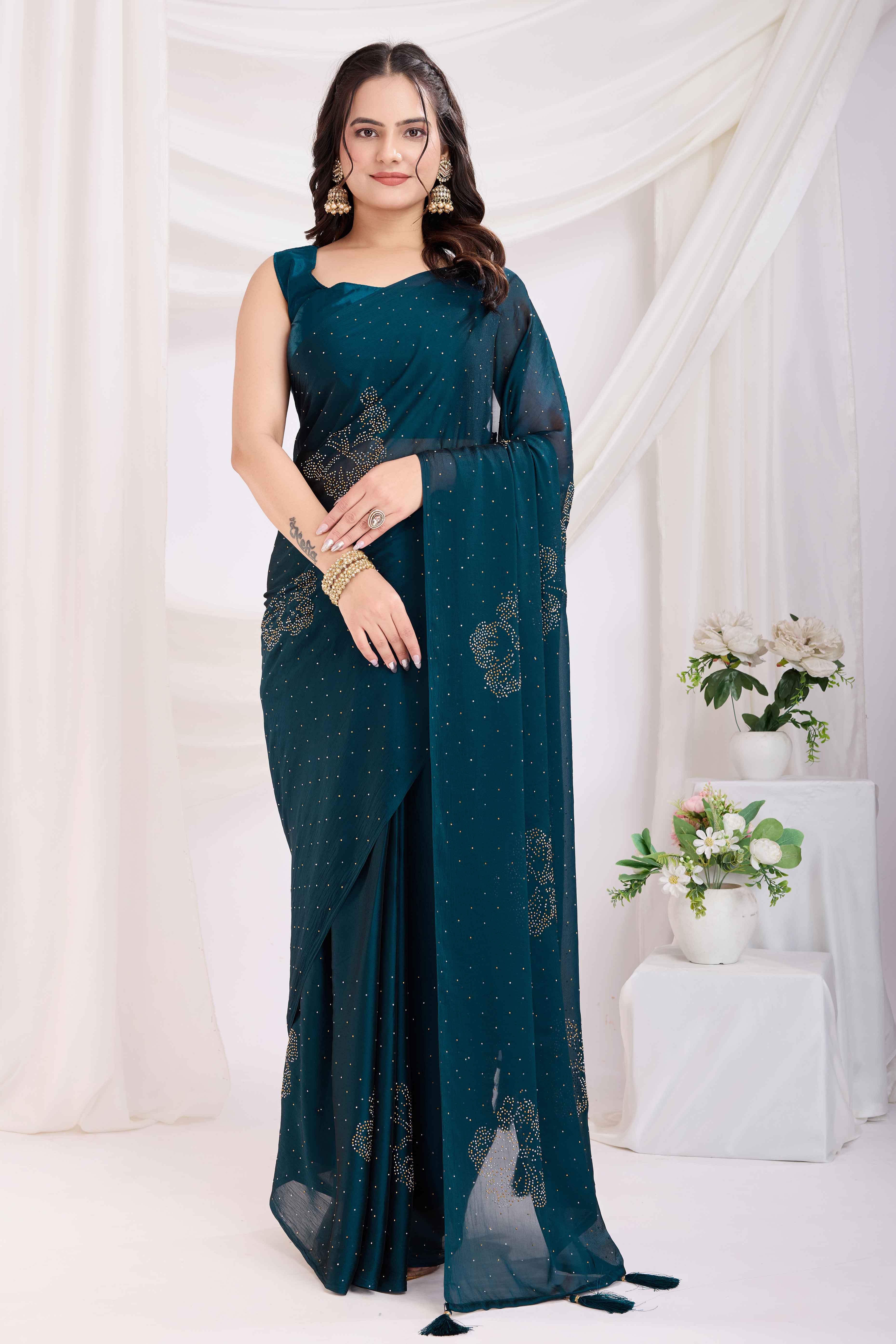 Morpich Blue Floral Swarovski Work Rangoli Art Silk Ready To Wear Saree