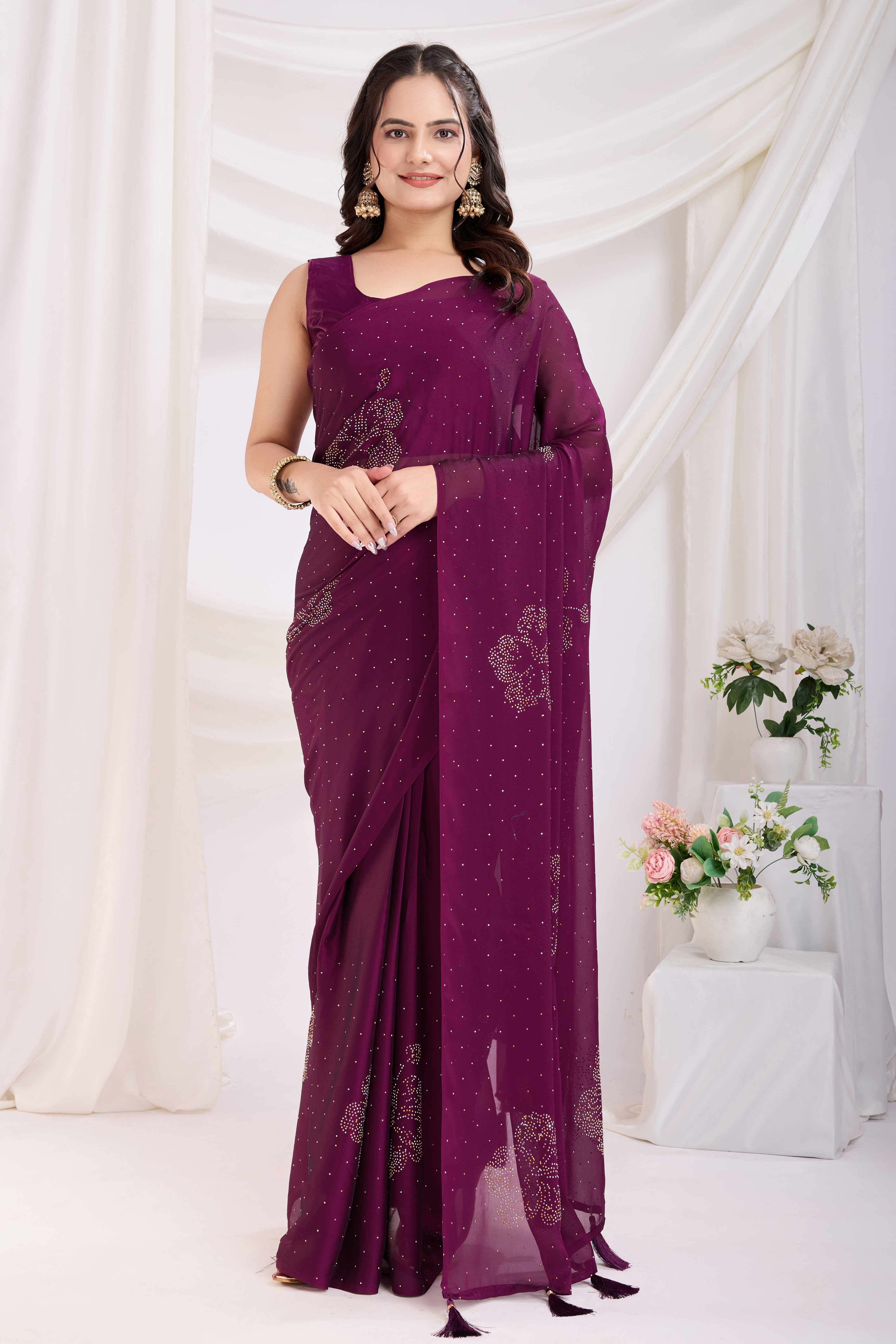 Purple Floral Swarovski Work Rangoli Art Silk Ready To Wear Saree