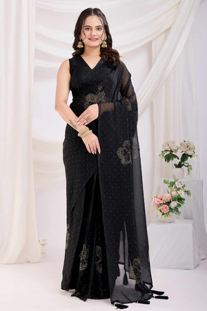 Black Floral Swarovski Work Rangoli Art Silk Ready To Wear Saree