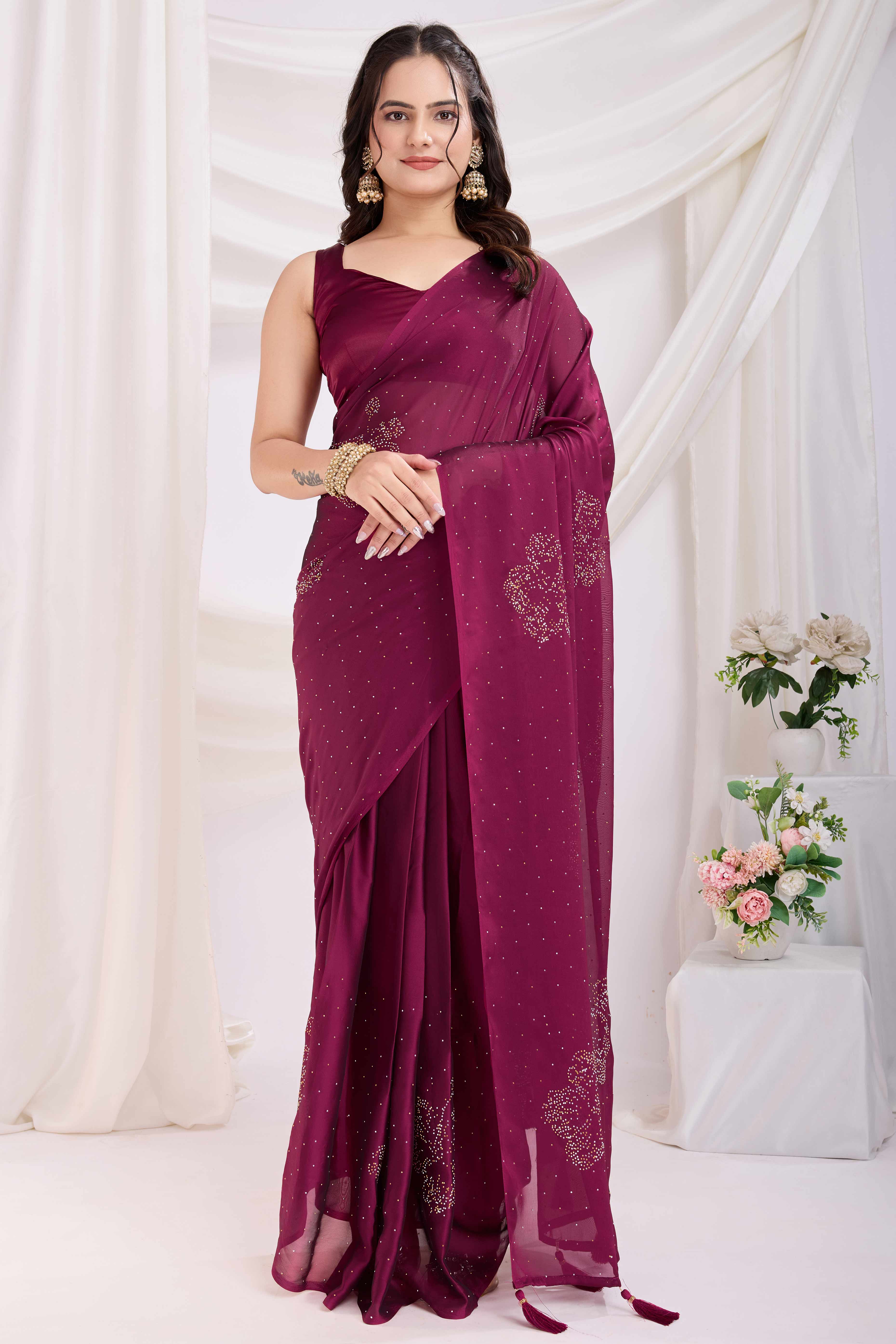 Wine Floral Swarovski Work Rangoli Art Silk Ready To Wear Saree