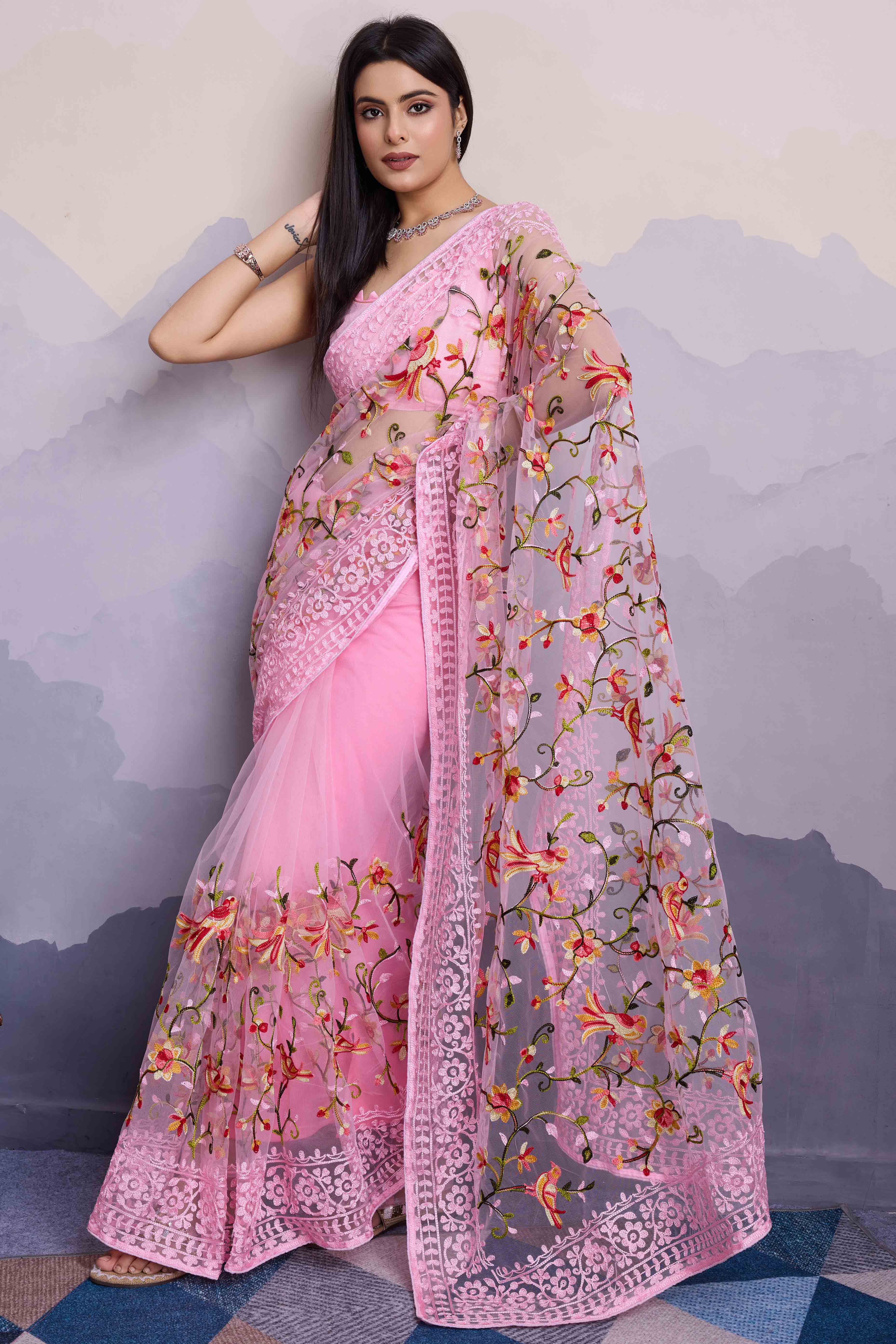 Pink Floral Embroidered Net Saree