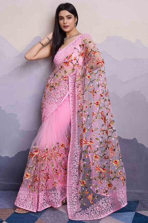 Pink Floral Embroidered Net Saree