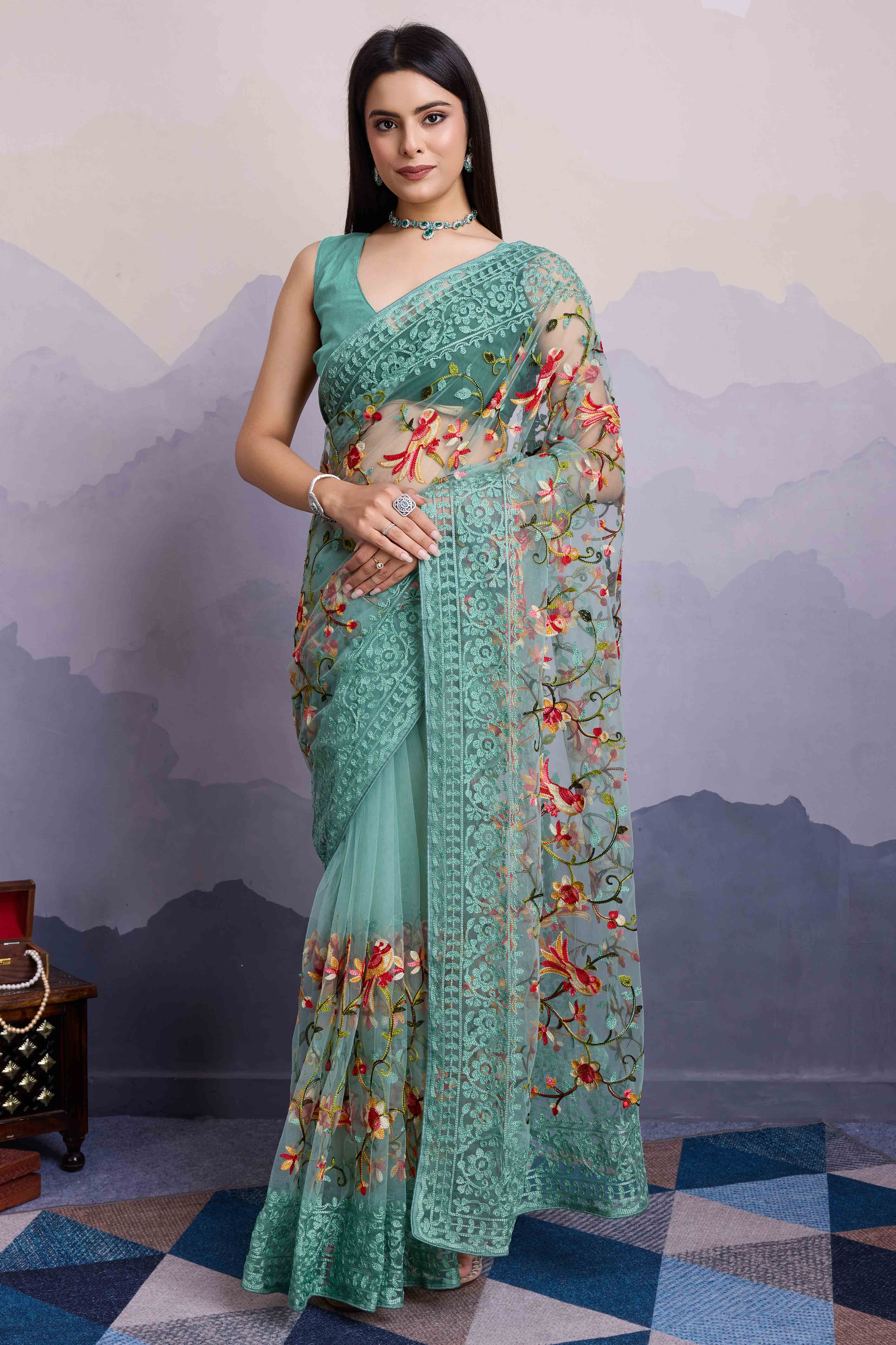 Sea Green Floral Embroidered Net Saree