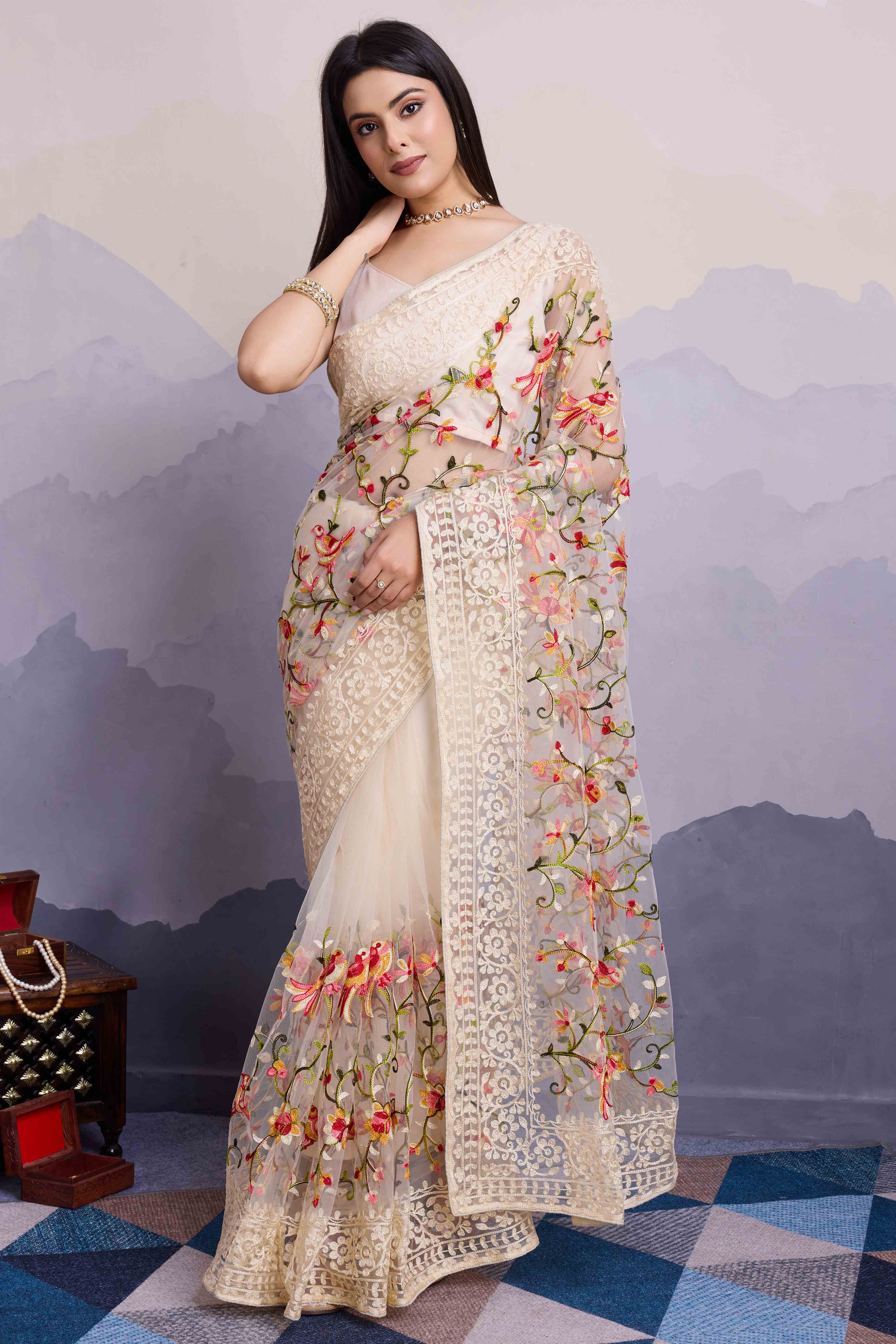 Off White Floral Embroidered Net Saree