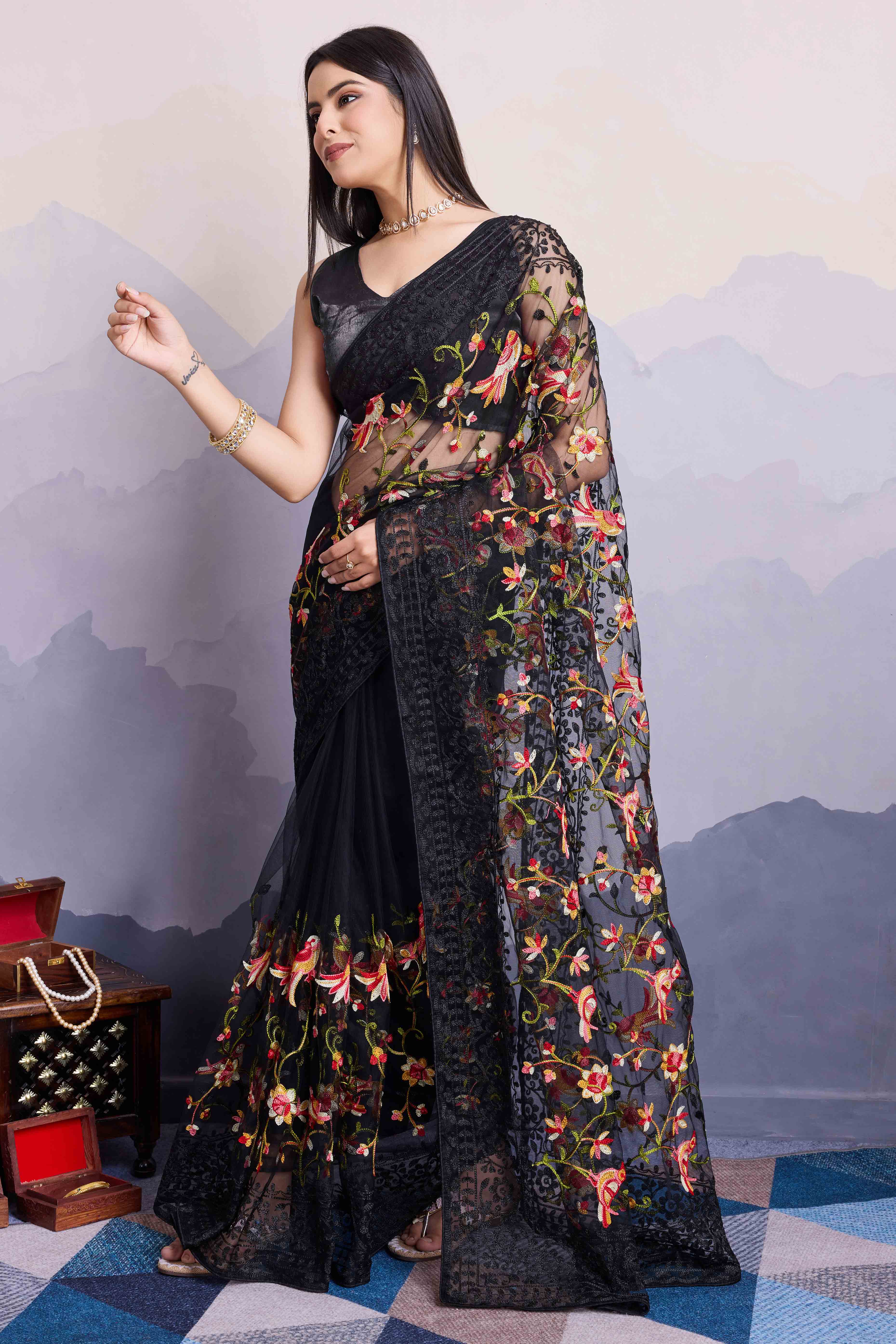 Black Floral Embroidered Net Saree