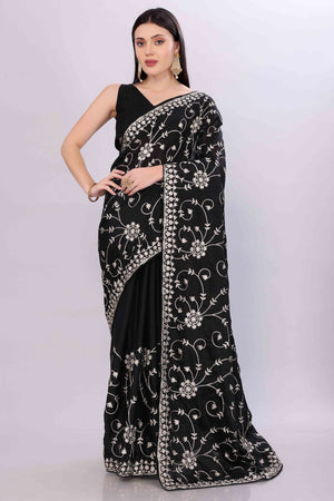 Black Chinon Silk Saree Adorned With Fine Floral Thread Work