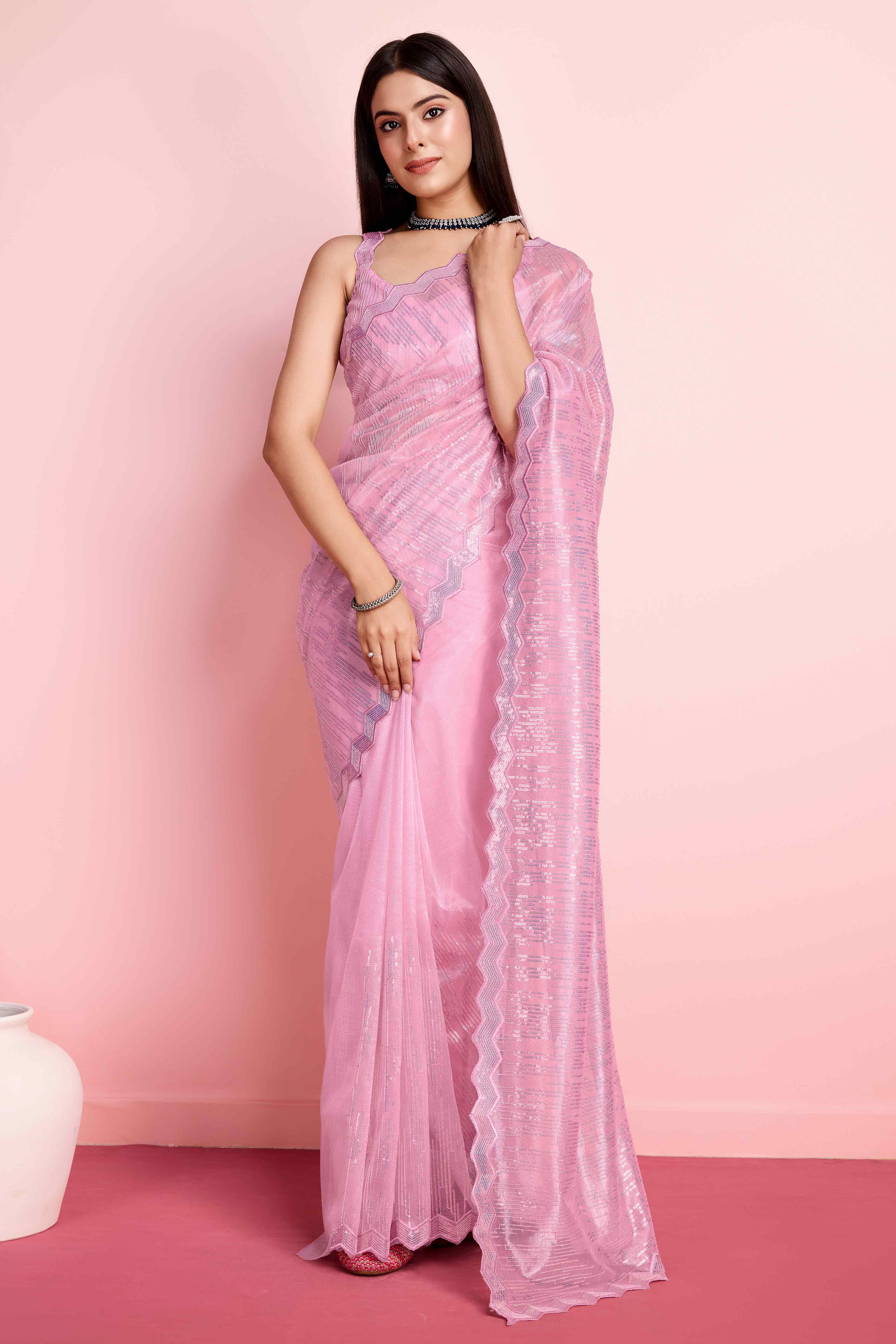 Onion Pink Sequins Embroidered Silver Twill Net Saree