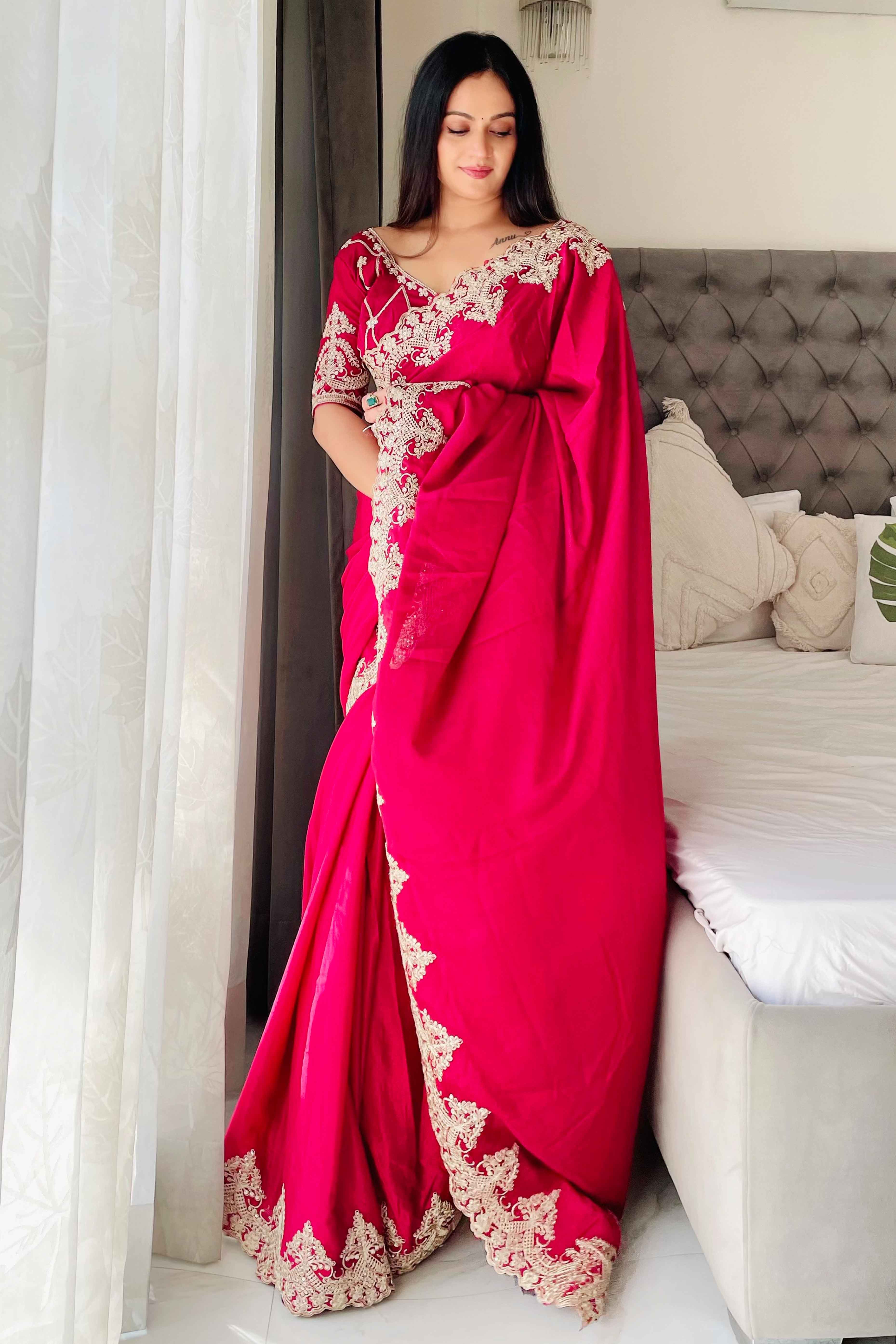 Pink Chinon Silk Blend Saree With Intricate Sequins & Cording Embroidery