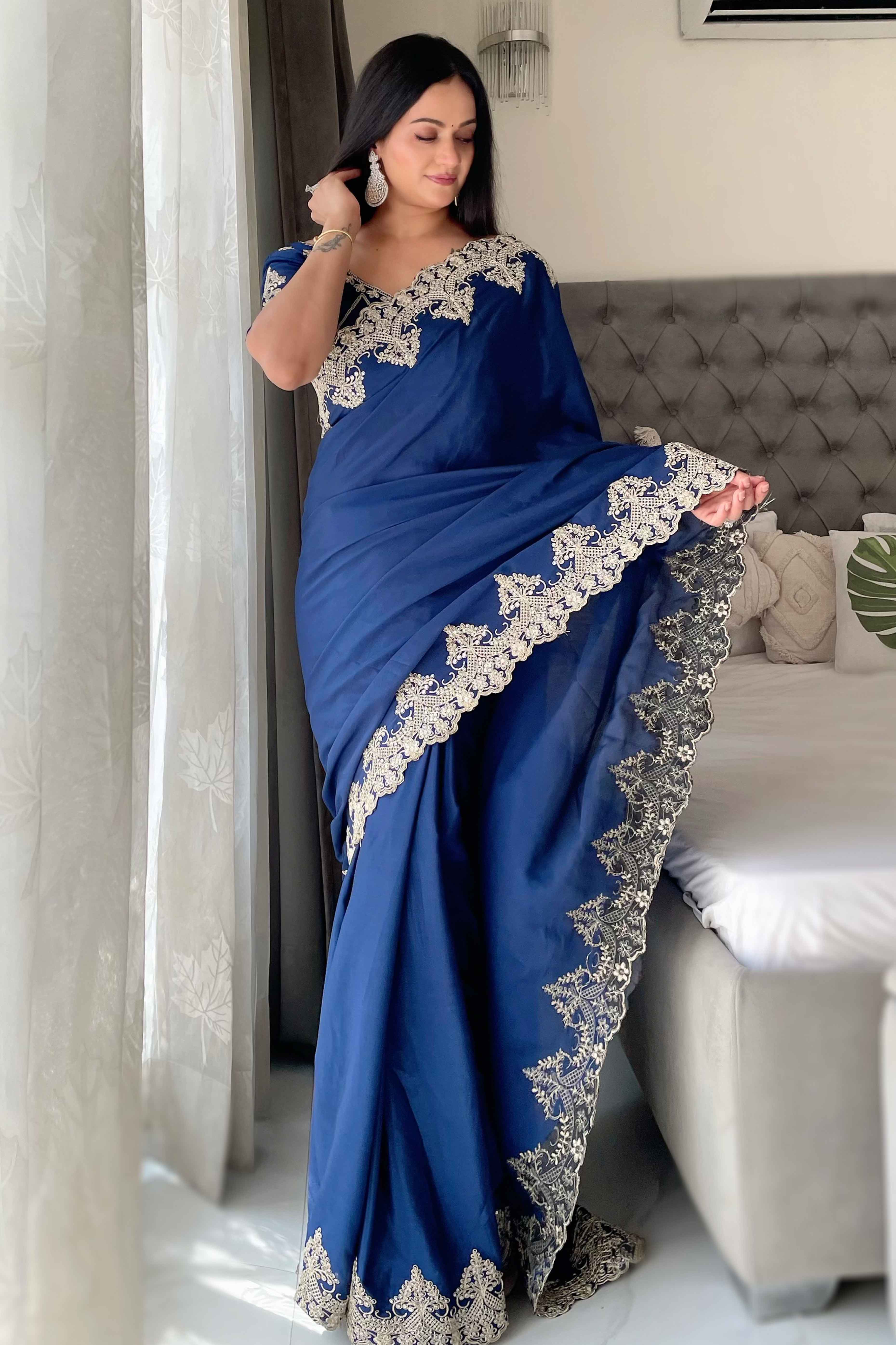 Navy Blue Chinon Silk Blend Saree With Intricate Sequins & Cording Embroidery