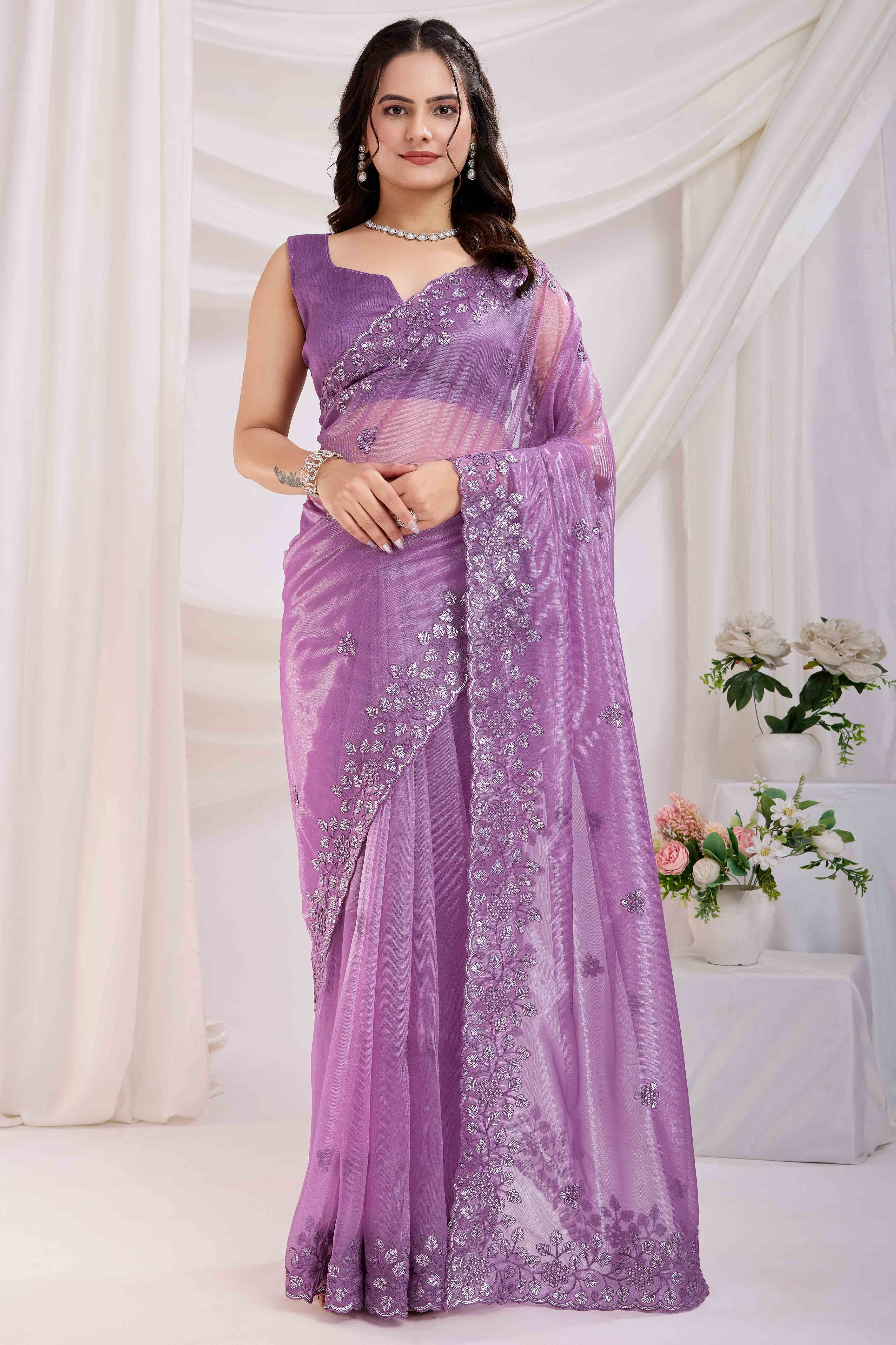 Lavender Twill Net Saree Embellished With Sequin Floral Embroidery