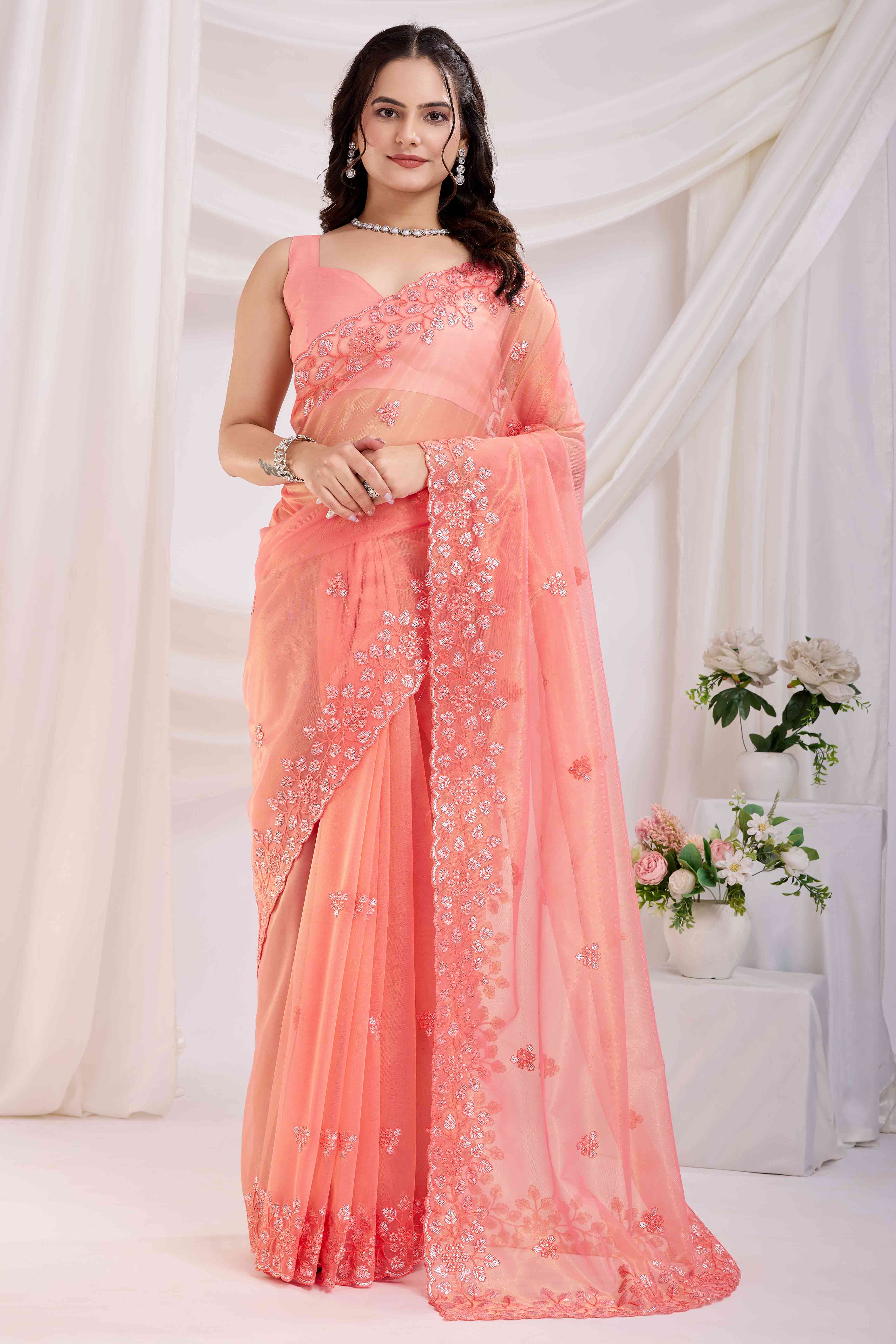 Peach Twill Net Saree Embellished With Sequin Floral Embroidery