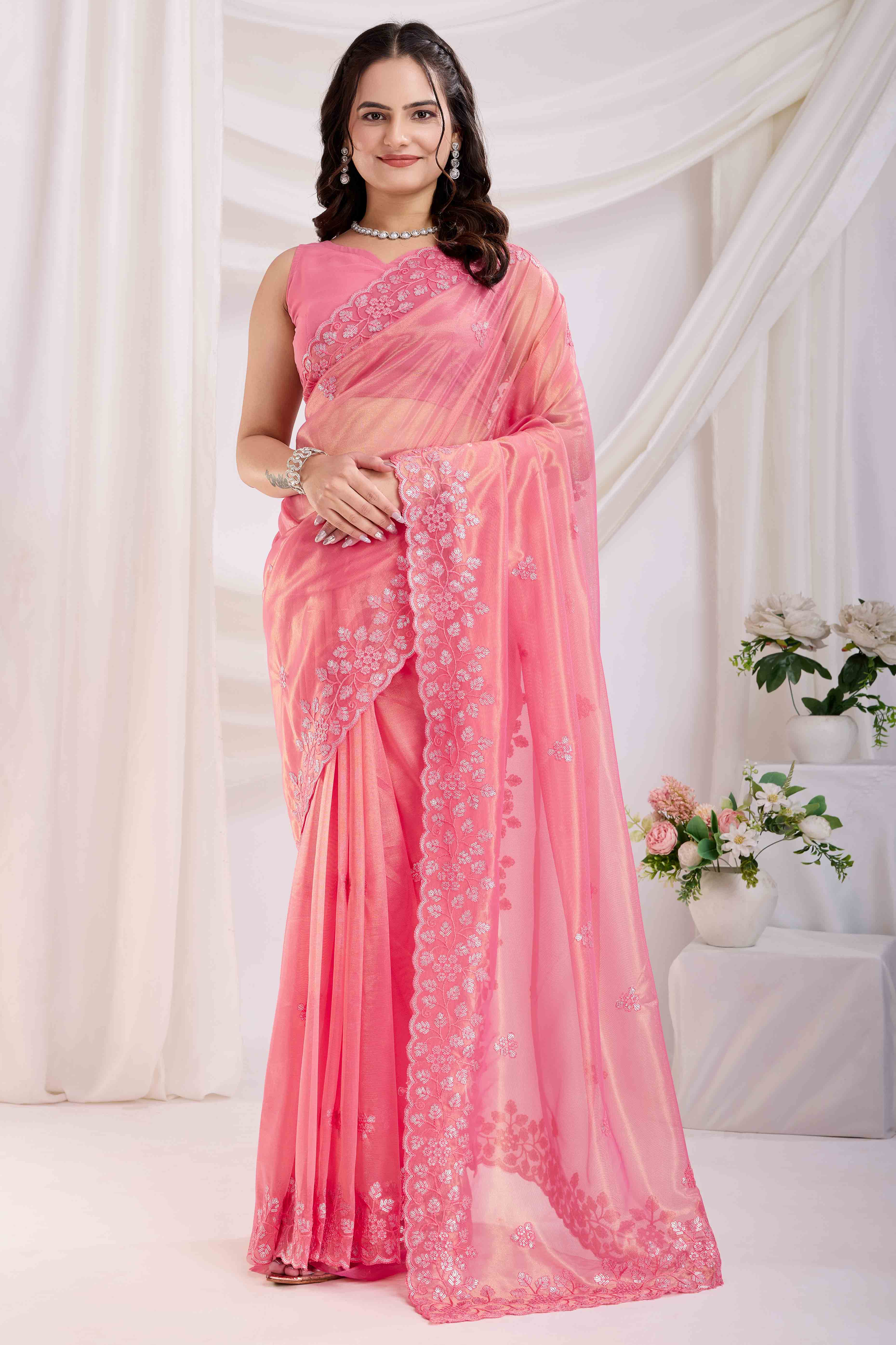 Gajari Pink Twill Net Saree Embellished With Sequin Floral Embroidery