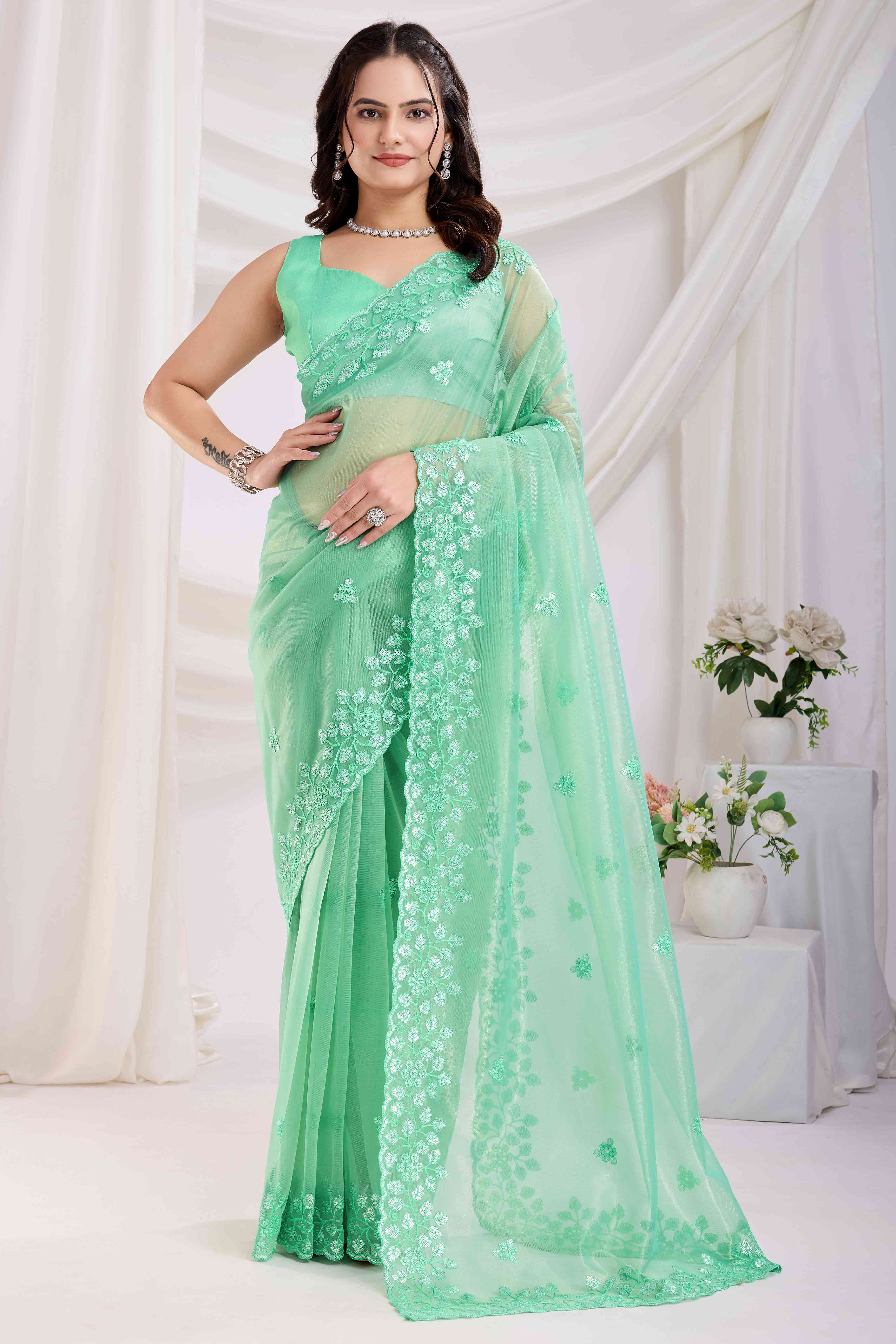 Sea Green Twill Net Saree Embellished With Sequin Floral Embroidery