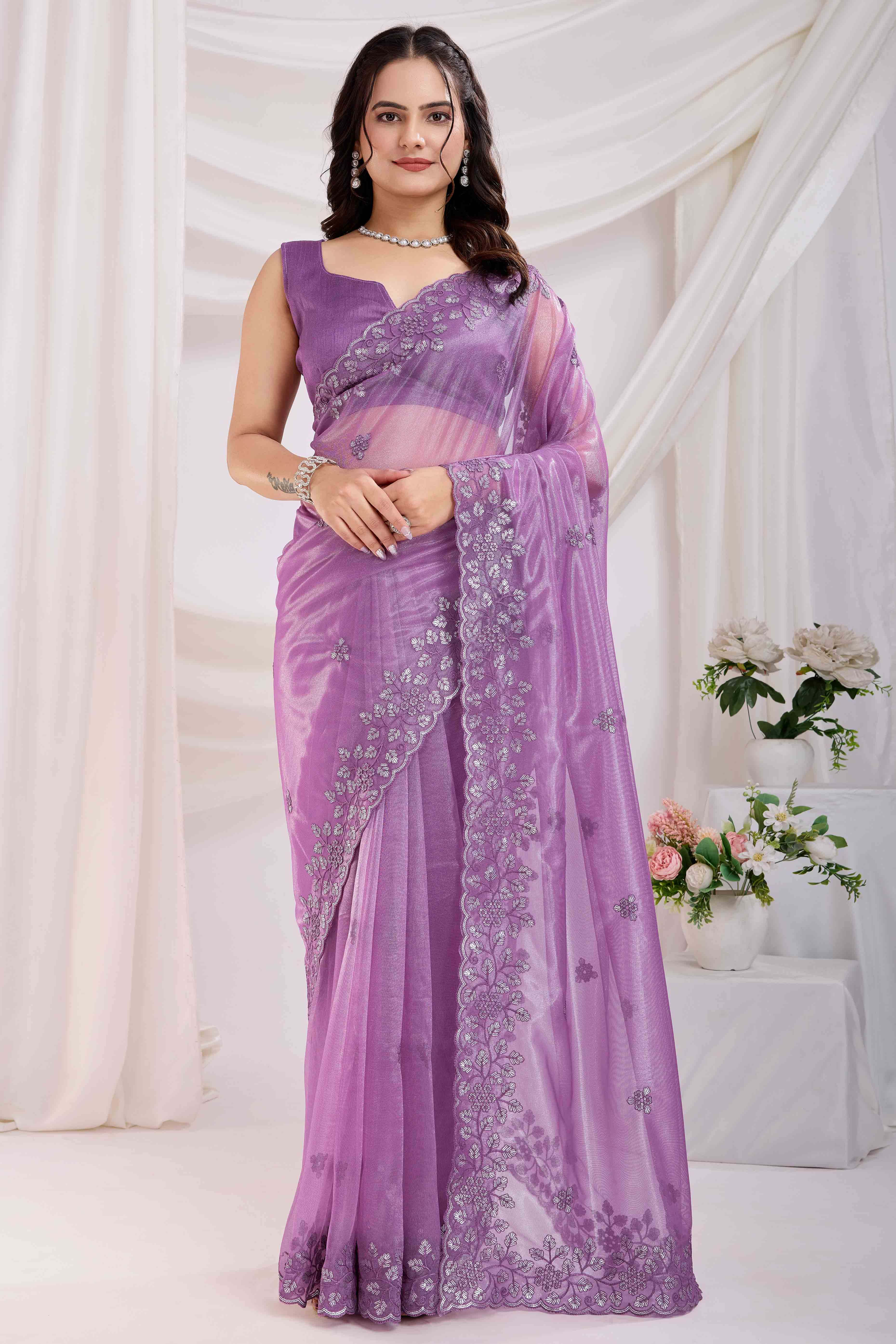 Purple Floral Sequins Embroidered Twill Net Saree