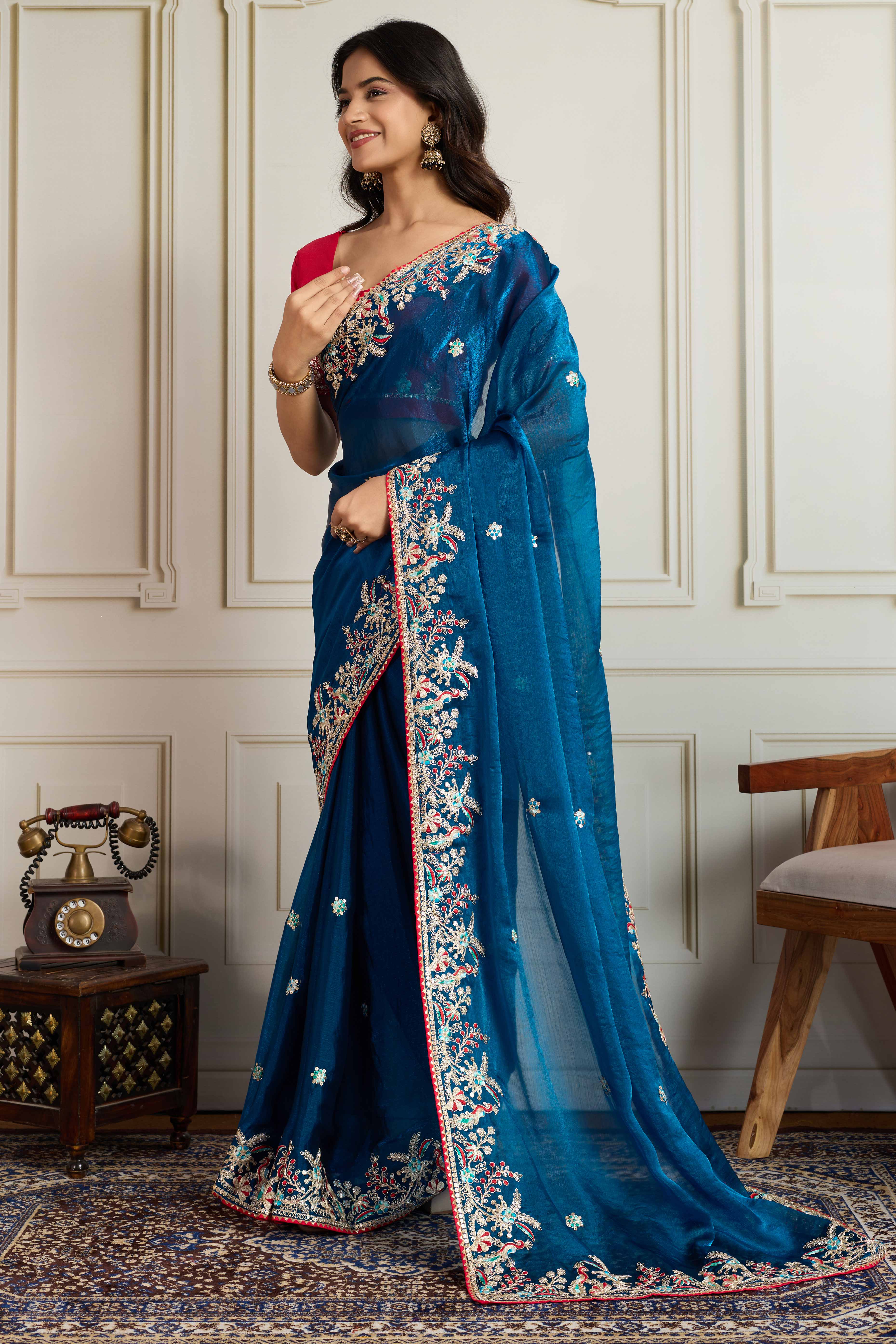 Teal Fancy Chiffon Partywear Saree with Intricate Sequins & Thread Embroidery