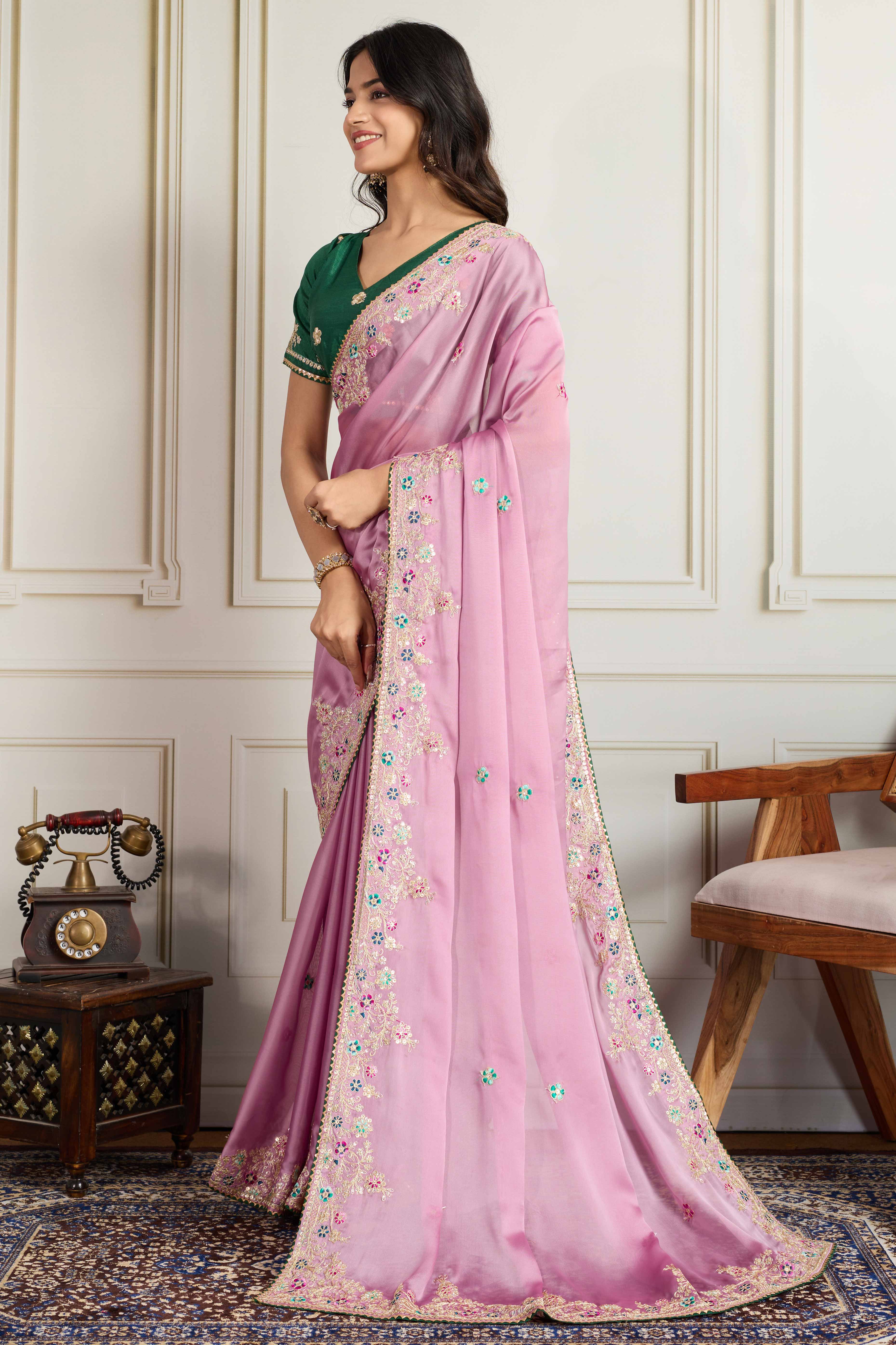Pink Star Georgette Party Saree with Sequins and Floral Embroidery