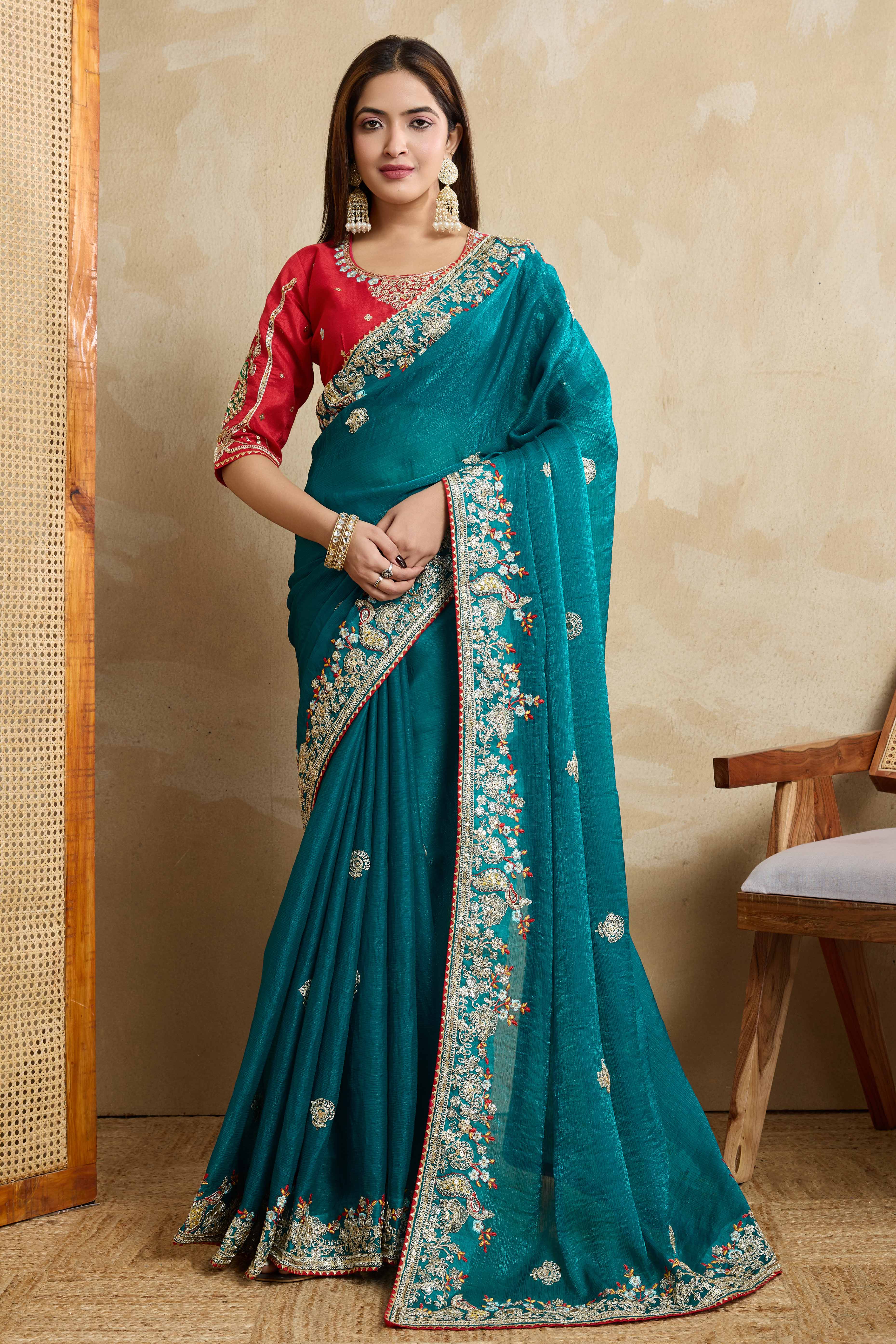 Rama Blue Chiffon Saree With intricate Floral Cording Embroidery & Shimmering Sequins Work