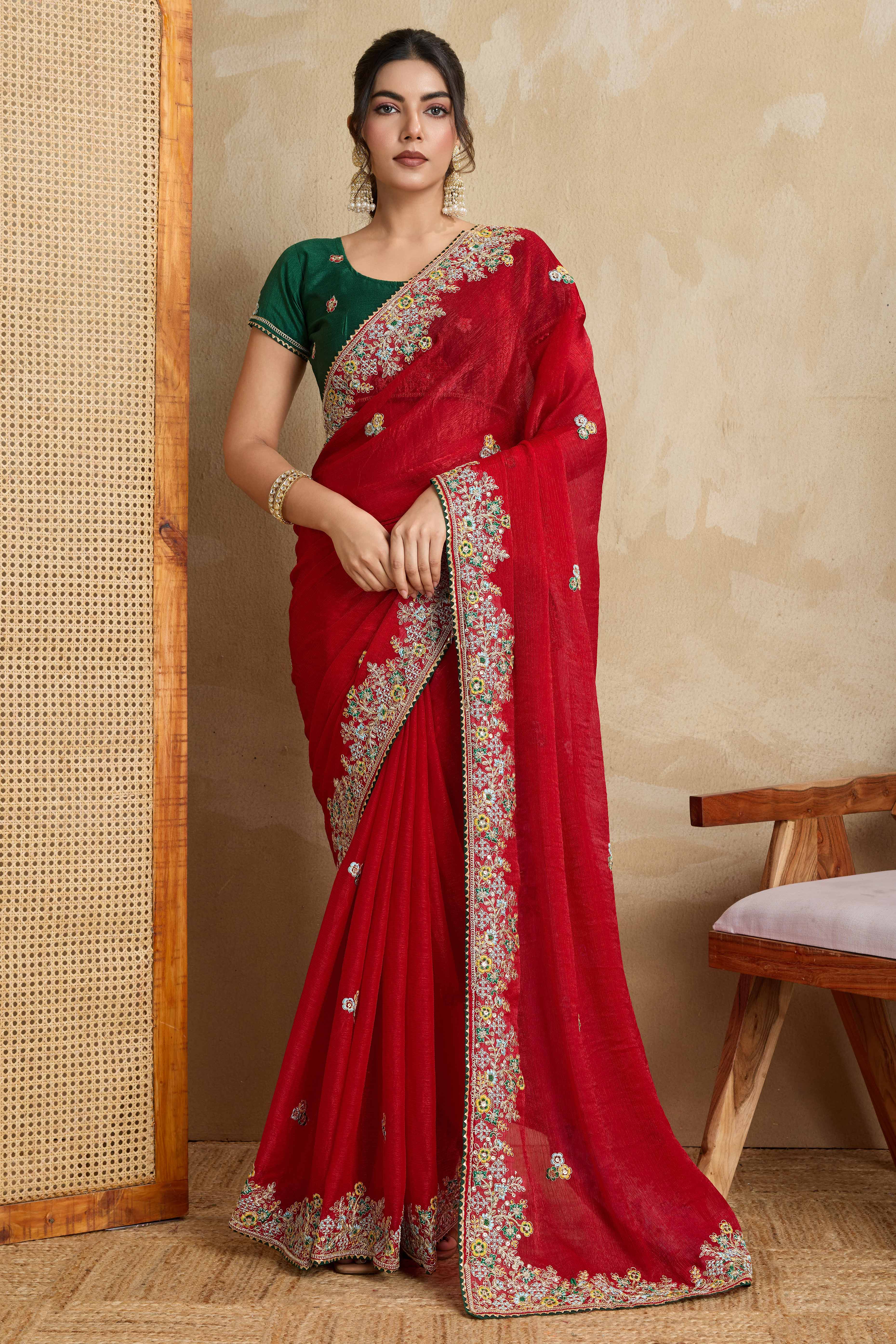 Luxe Frendy Chiffon Saree in Bold Red with Delicate Floral Embroidery