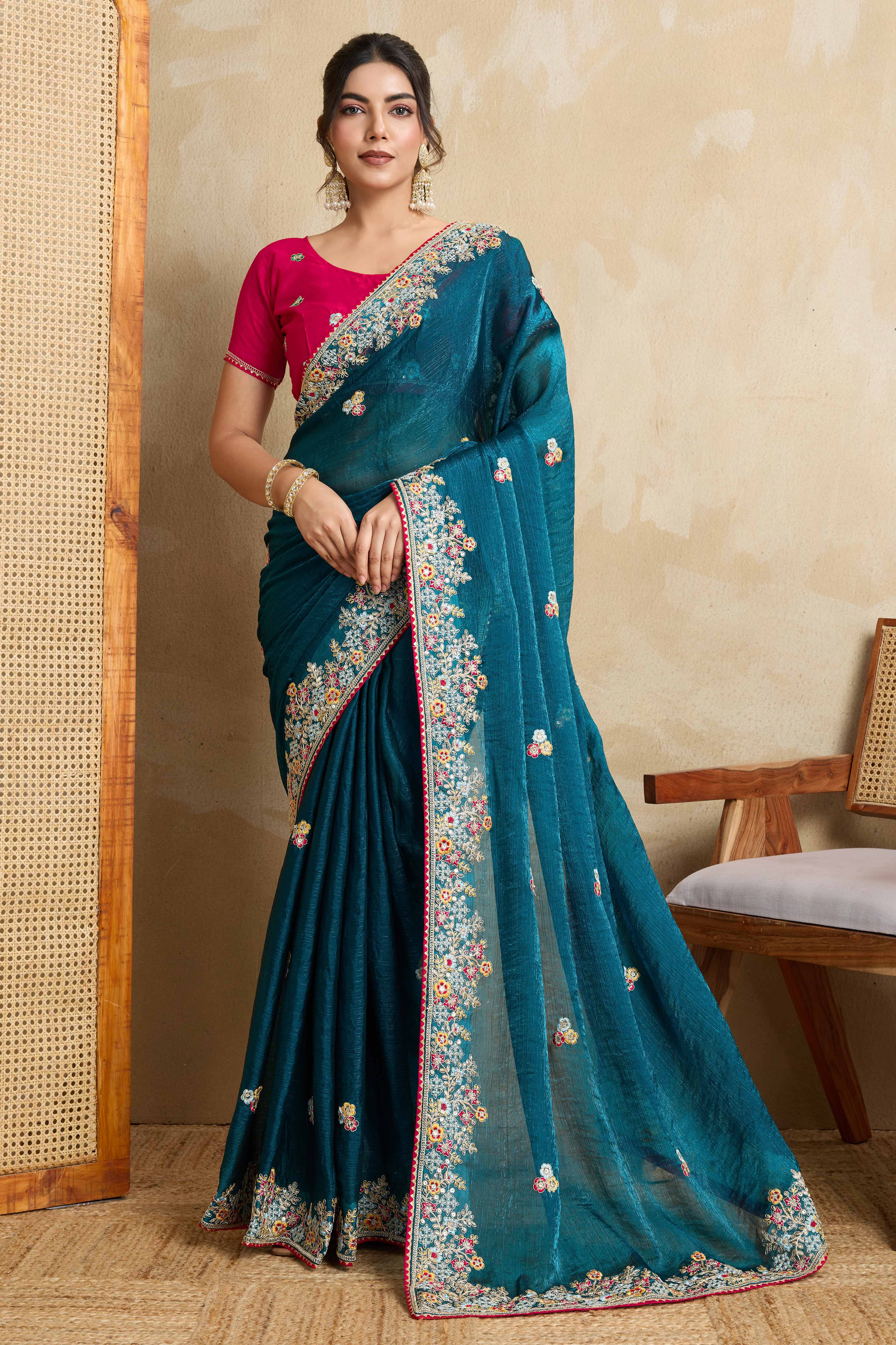 Luxe Frendy Chiffon Saree in Bold Teal with Delicate Floral Embroidery