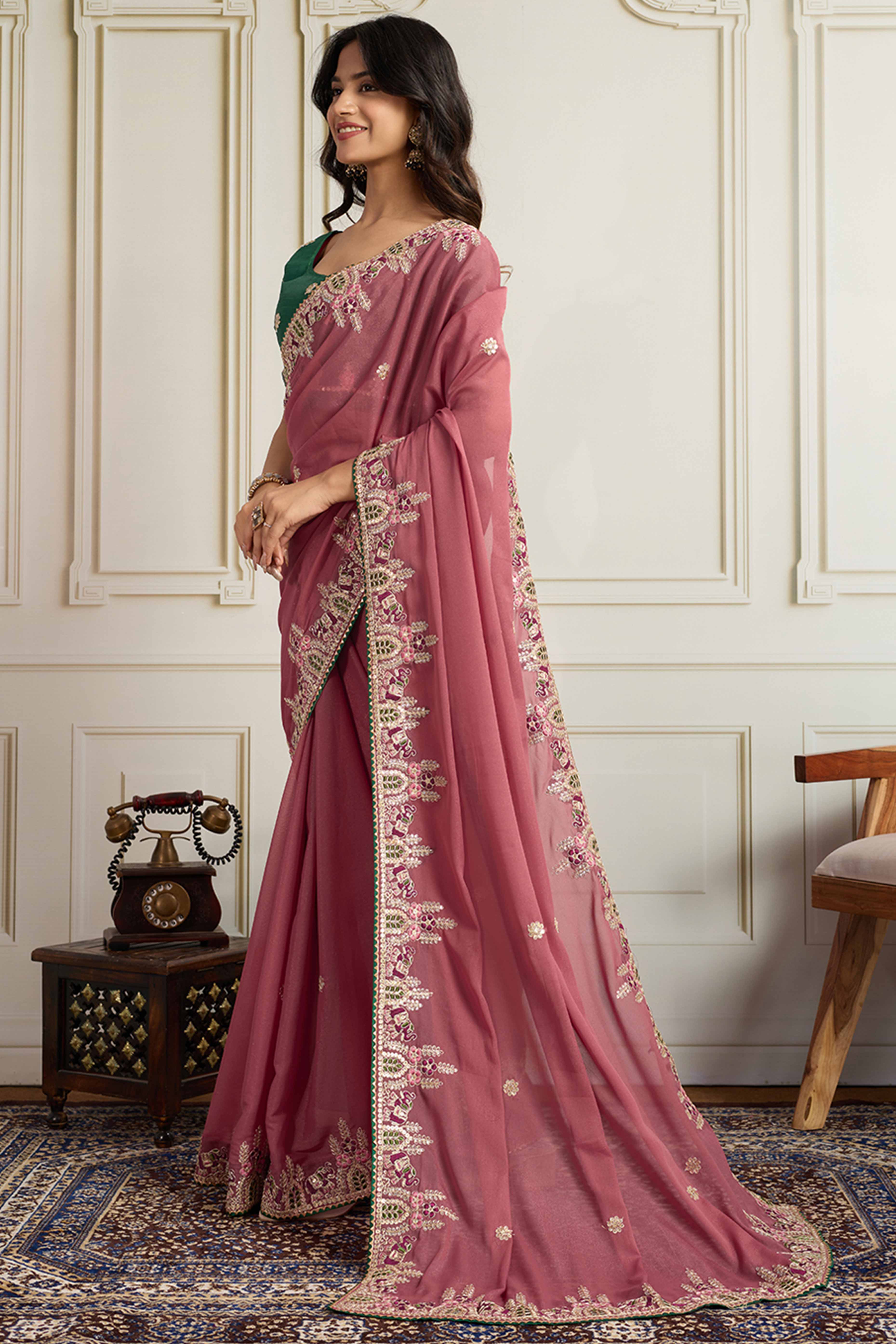 Dusty Rose Pink Georgette Saree Featuring Floral Cording Embroidery & Shimmering Sequins Work