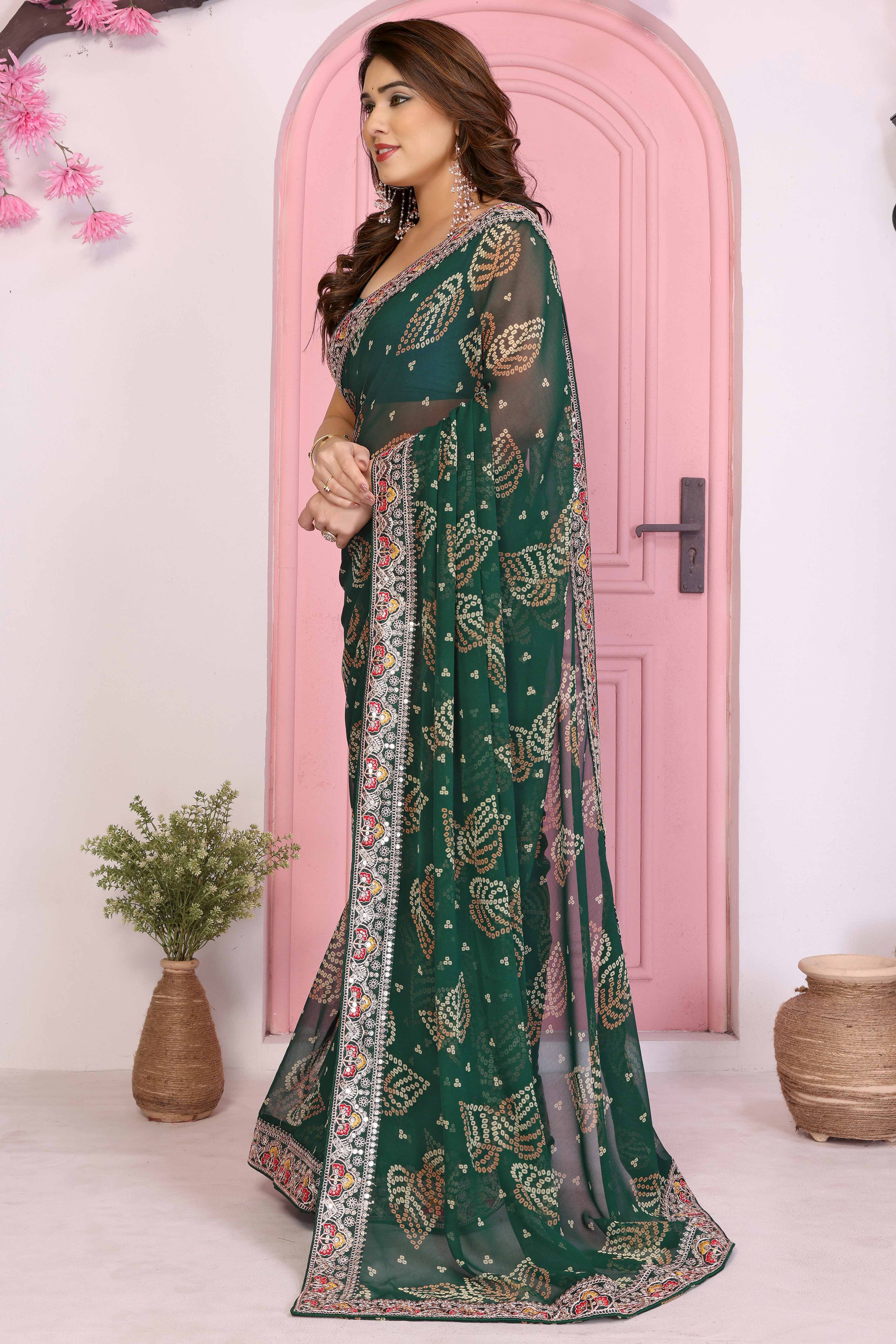 Dark Green Georgette Saree with Traditional Bandhani Print and Lace Accents
